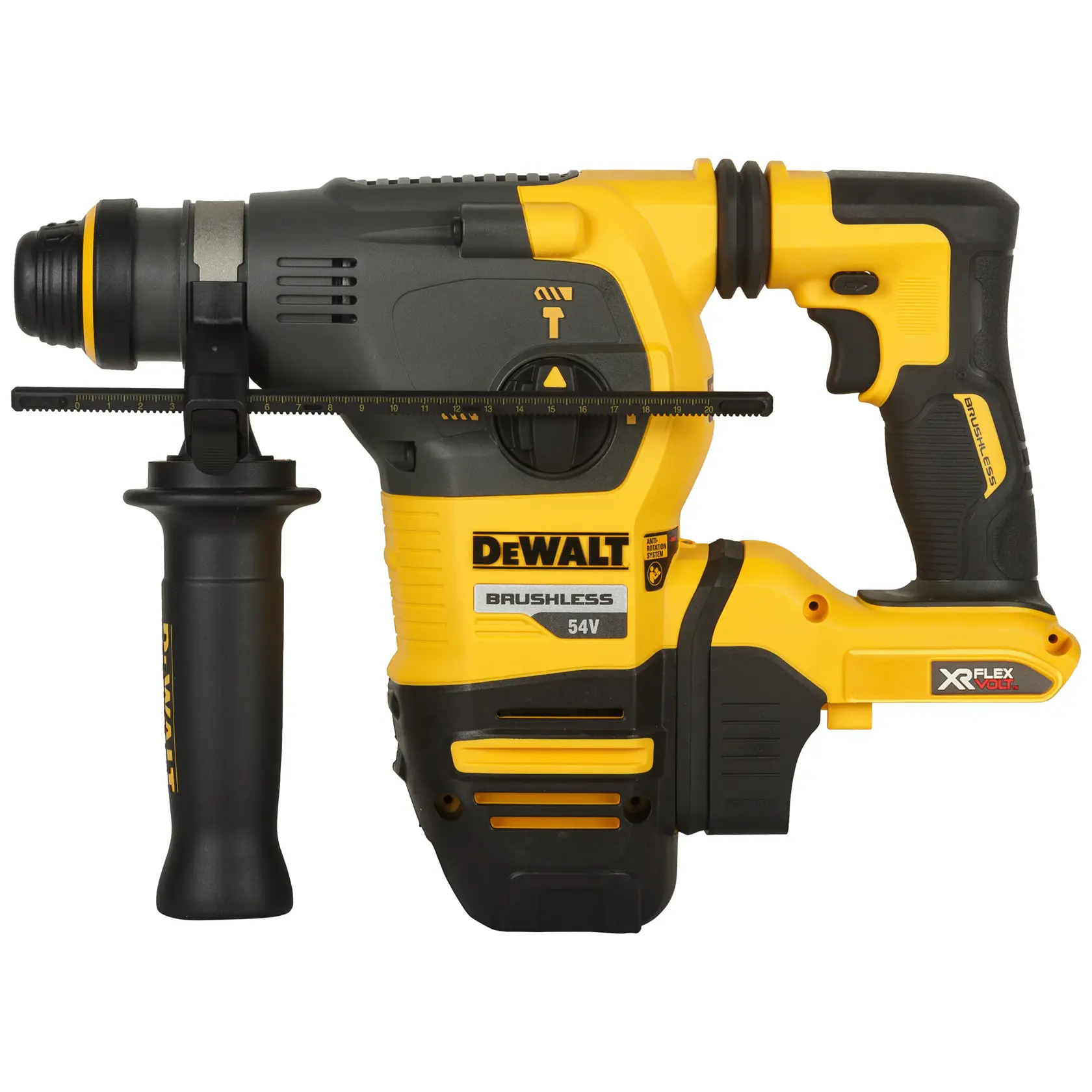 Martelo perfurador rotativo sem fio DEWALT DCH333NT nas cores amarela e preta, com motor brushless de 54V e tecnologia XR FlexVolt. A ferramenta possui uma alça lateral para estabilidade e ajuste, sendo indicada para trabalhos pesados de construção.