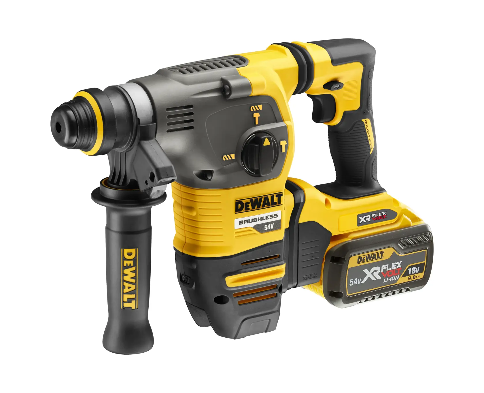 Um martelete rotativo sem fio DEWALT com motor brushless de 54V, contendo uma alça lateral e bateria XR Flexvolt de íon de lítio.
