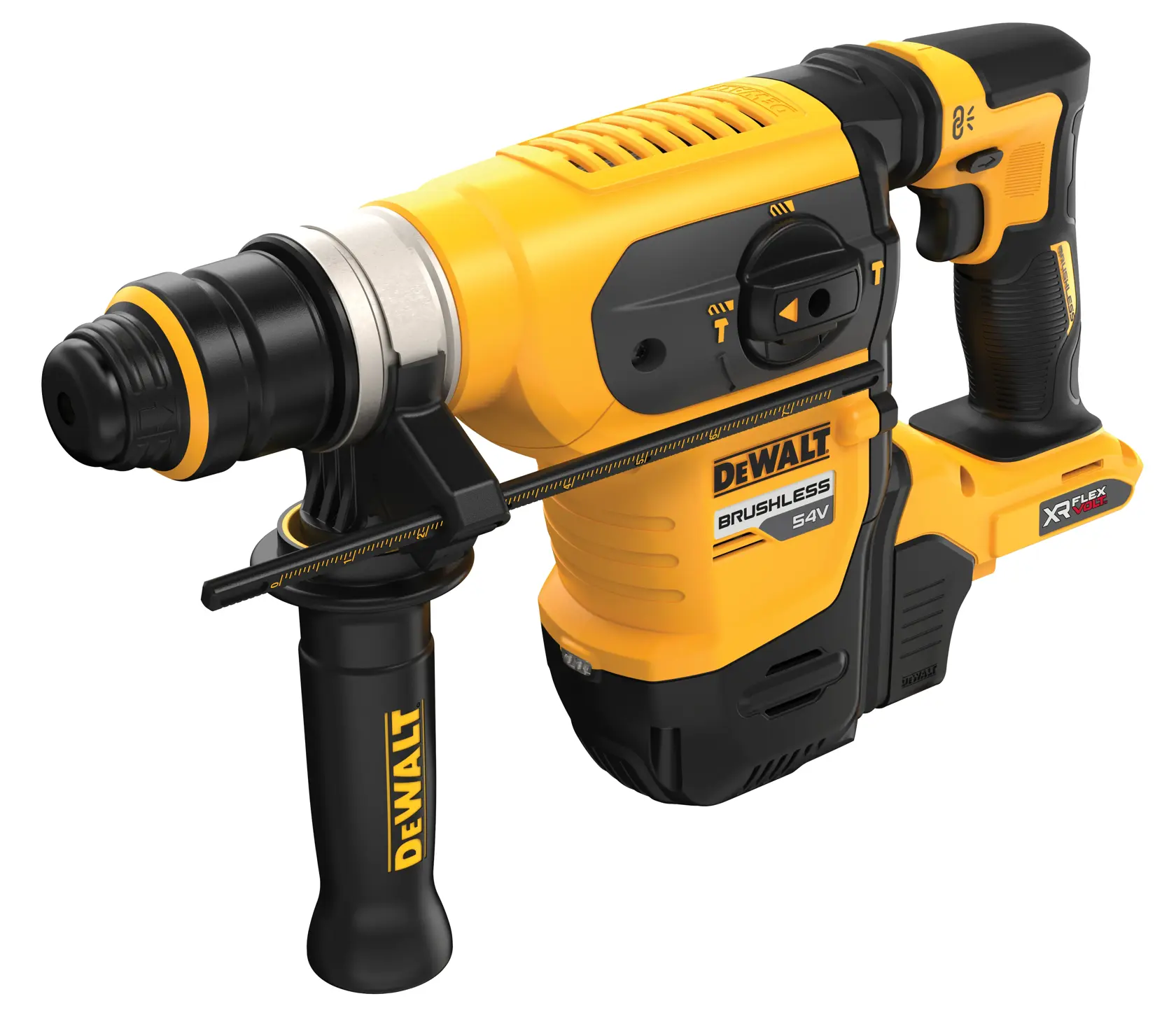 Martelo rotativo DEWALT 54V amarelo e preto, sem fio, com cabo lateral e motor brushless.