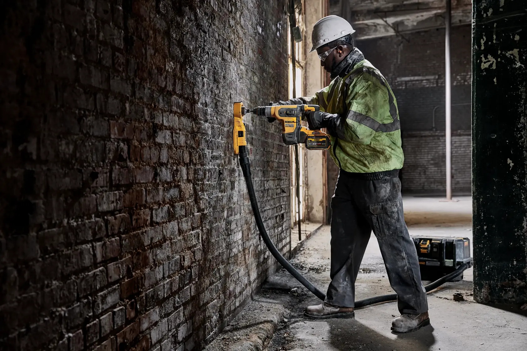 Operário usa martelo rotativo DEWALT em parede de tijolos, com mangueira para controle de poeira.