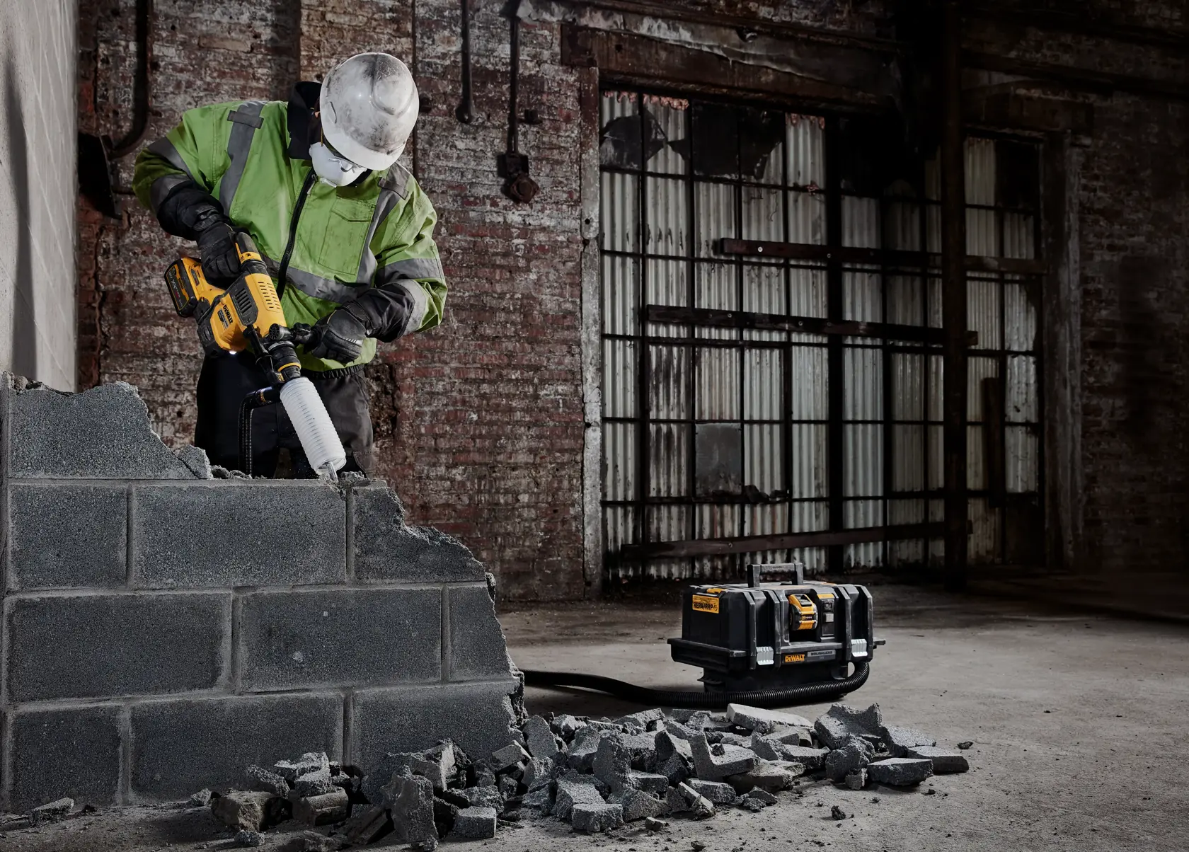 Trabalhador usa DEWALT DCH416NT para quebrar blocos de concreto. Detritos e maleta visíveis.