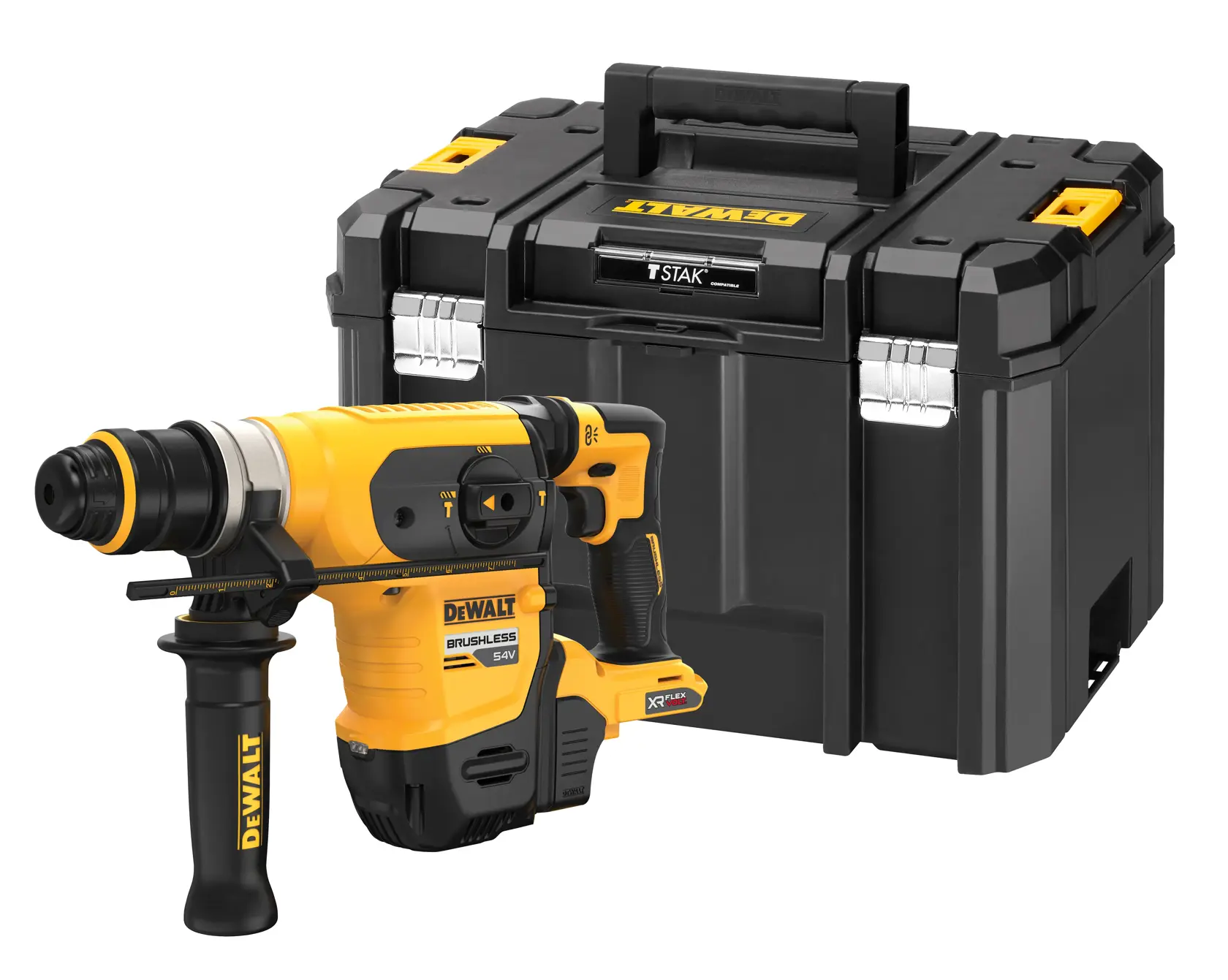 Martelo rotativo DEWALT com estojo de armazenamento preto em fundo branco.