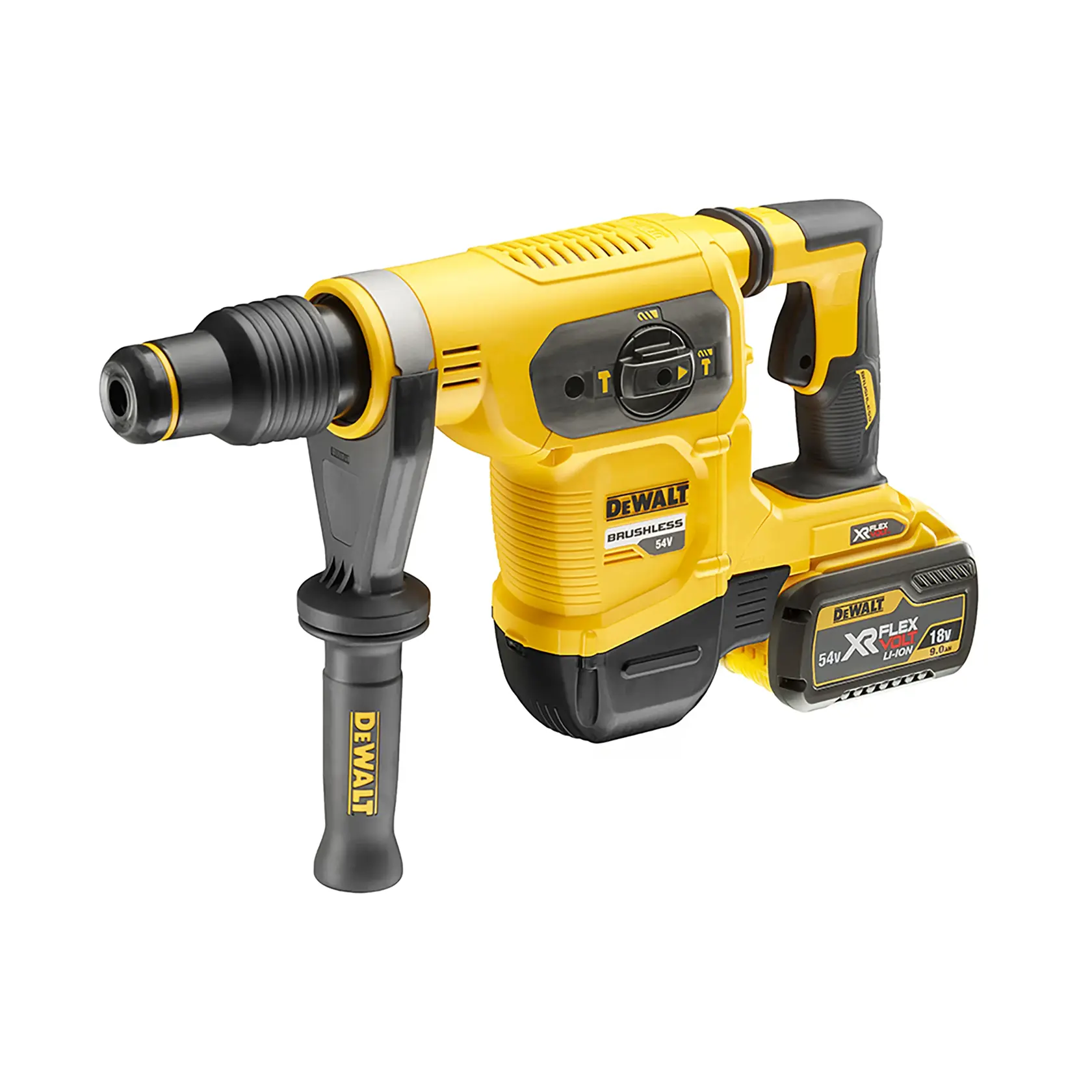 Um martelete rotativo sem fio DEWALT amarelo e preto com cabo lateral e bateria XR FLEXVOLT removível, projetado para tarefas de construção e perfuração pesada.
