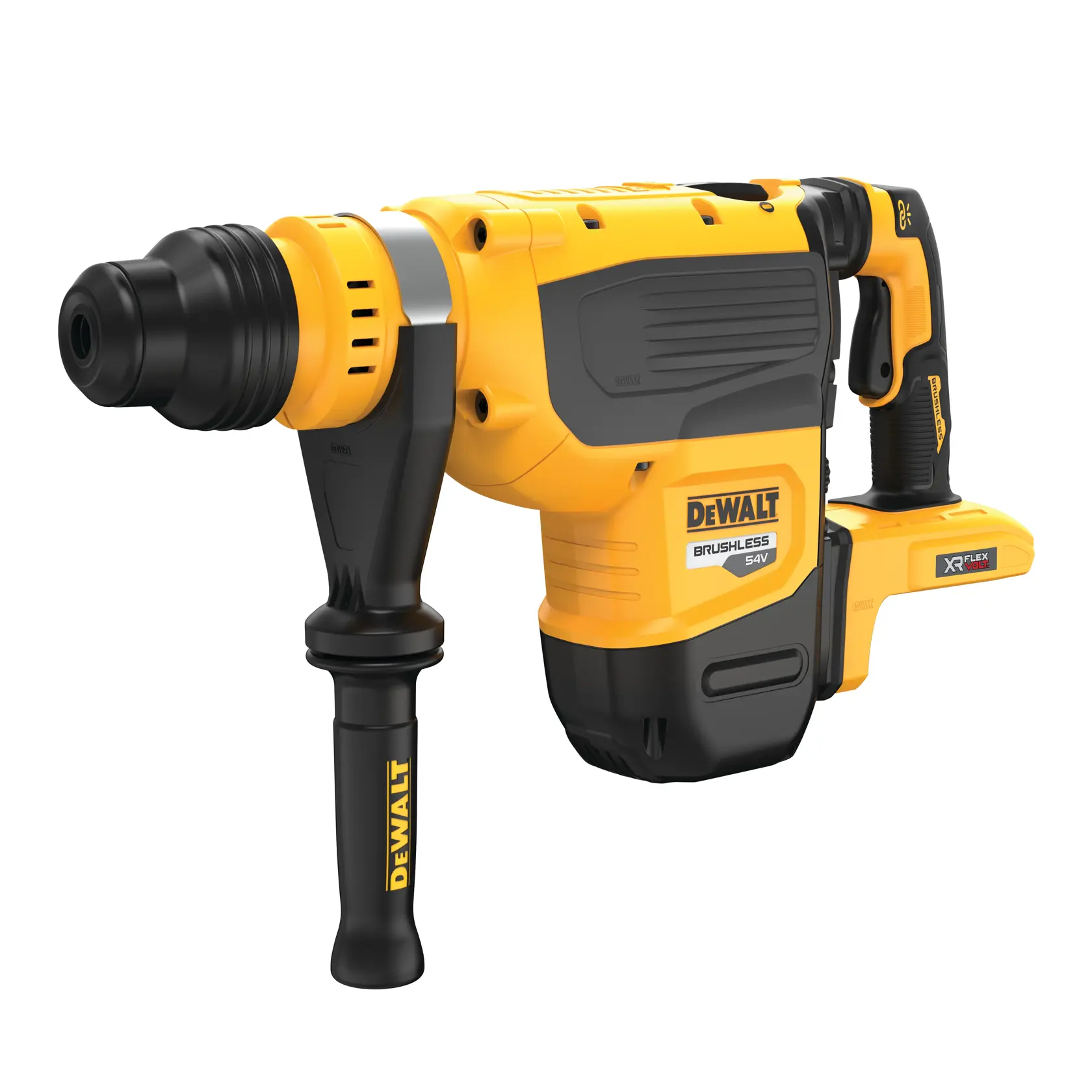 Martelo perfurador sem fio DEWALT amarelo e preto com cabo lateral e motor sem escovas, modelo DCH735N.