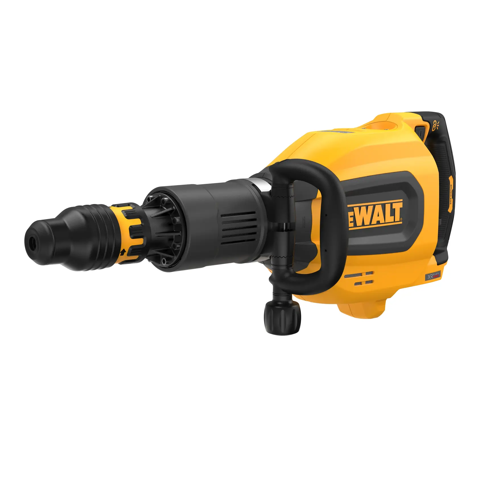 Uma ferramenta elétrica DEWALT amarela e preta, especificamente um martelo demolidor sem fio, vista de lado em ângulo sobre um fundo branco.