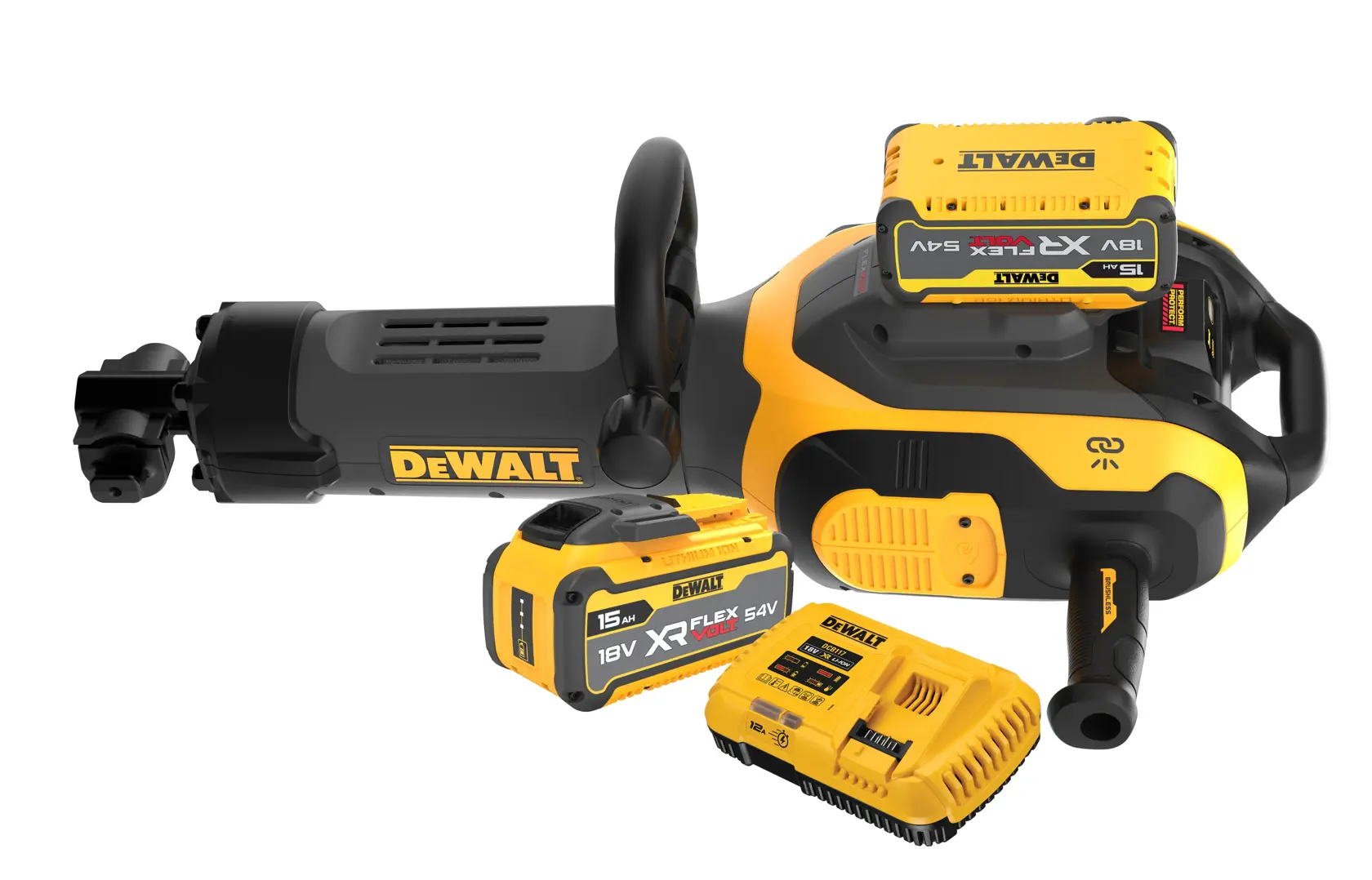 Kit de ferramentas elétricas sem fio DEWALT incluindo um martelete rotativo amarelo e preto, duas baterias XR FLEXVOLT 18V e um carregador de bateria, todos com o logotipo DEWALT.