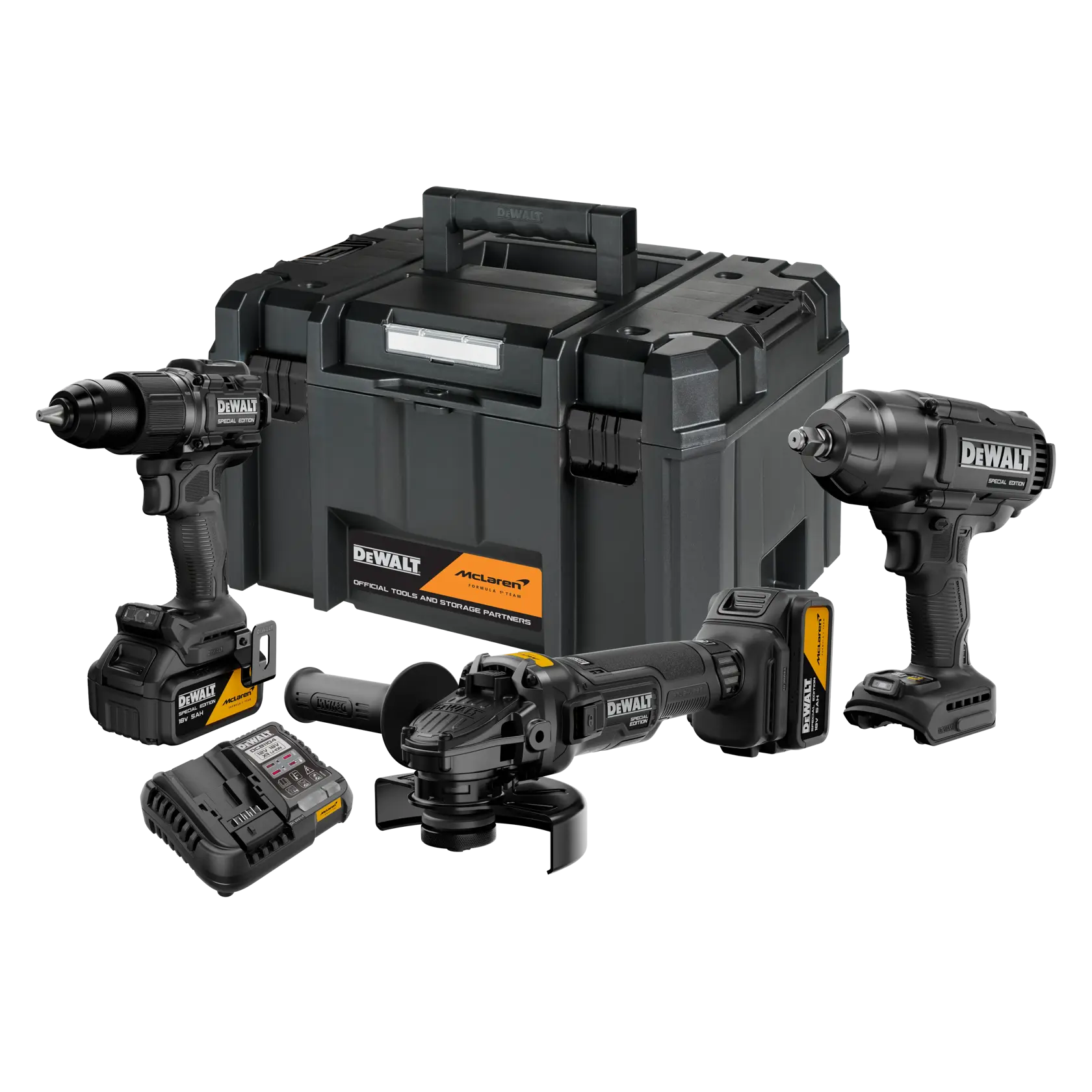 Furadeira DEWALT edição especial, DCK3222MP2T-QW, DCK3222MP2T; ferramenta sem fio preta vista à esquerda.