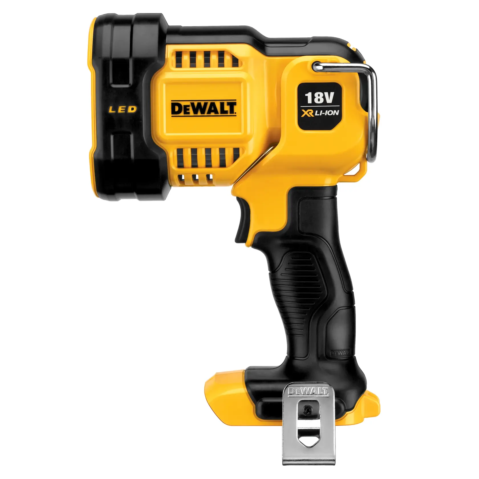 Uma lanterna de trabalho LED portátil DEWALT 20V MAX com quatro lâmpadas LED e um cabo ergonômico preto e amarelo, em pé sobre um fundo branco.