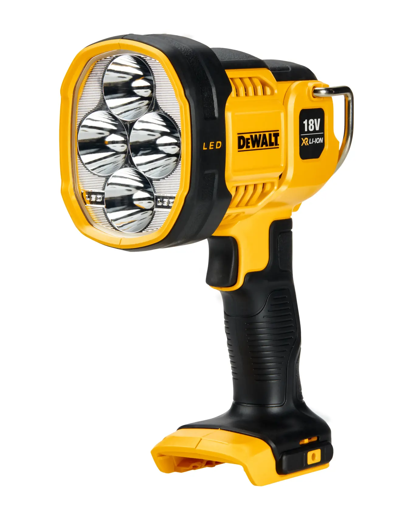 Uma lanterna de trabalho portátil LED DeWALT 20V MAX com design amarelo e preto. O dispositivo possui uma alça de pegada firme, um gancho metálico para pendurar e uma grande cabeça de lâmpada LED.