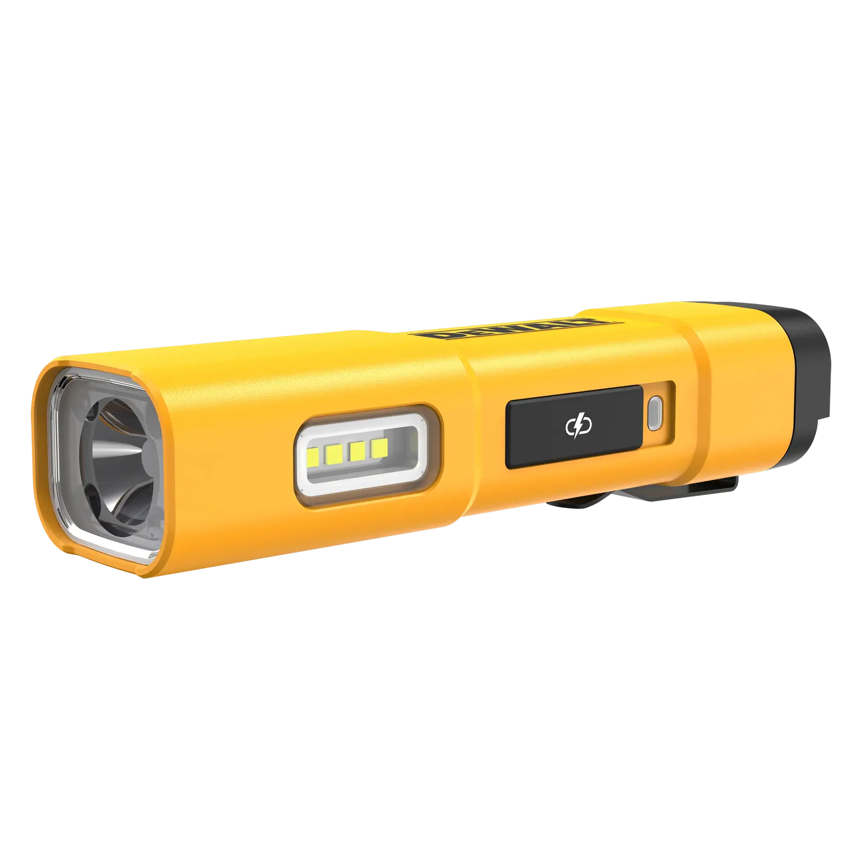 Linterna LED recargable DEWALT DCL183 amarilla de forma rectangular, con una matriz lateral de luces LED y un botón de encendido.