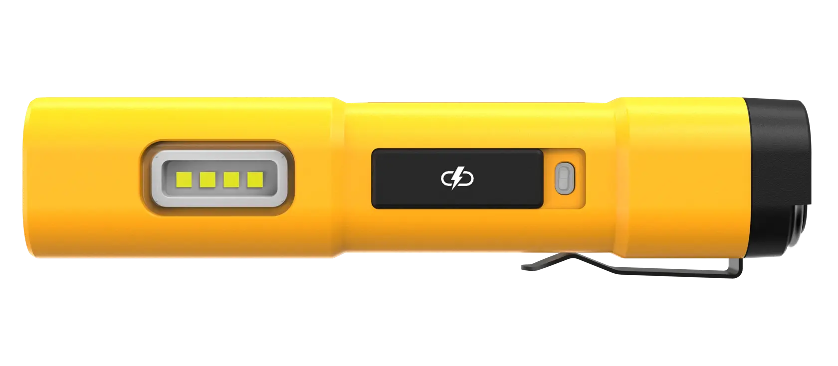 Una linterna LED amarilla DEWALT DCL183 con clip negro y botón lateral, diseñada para uso portátil.