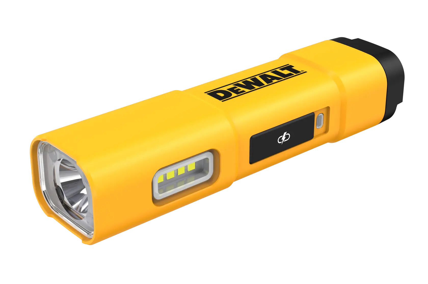 Linterna LED recargable DEWALT DCL183 amarilla con cuerpo rectangular, panel lateral de LED y botón de encendido.