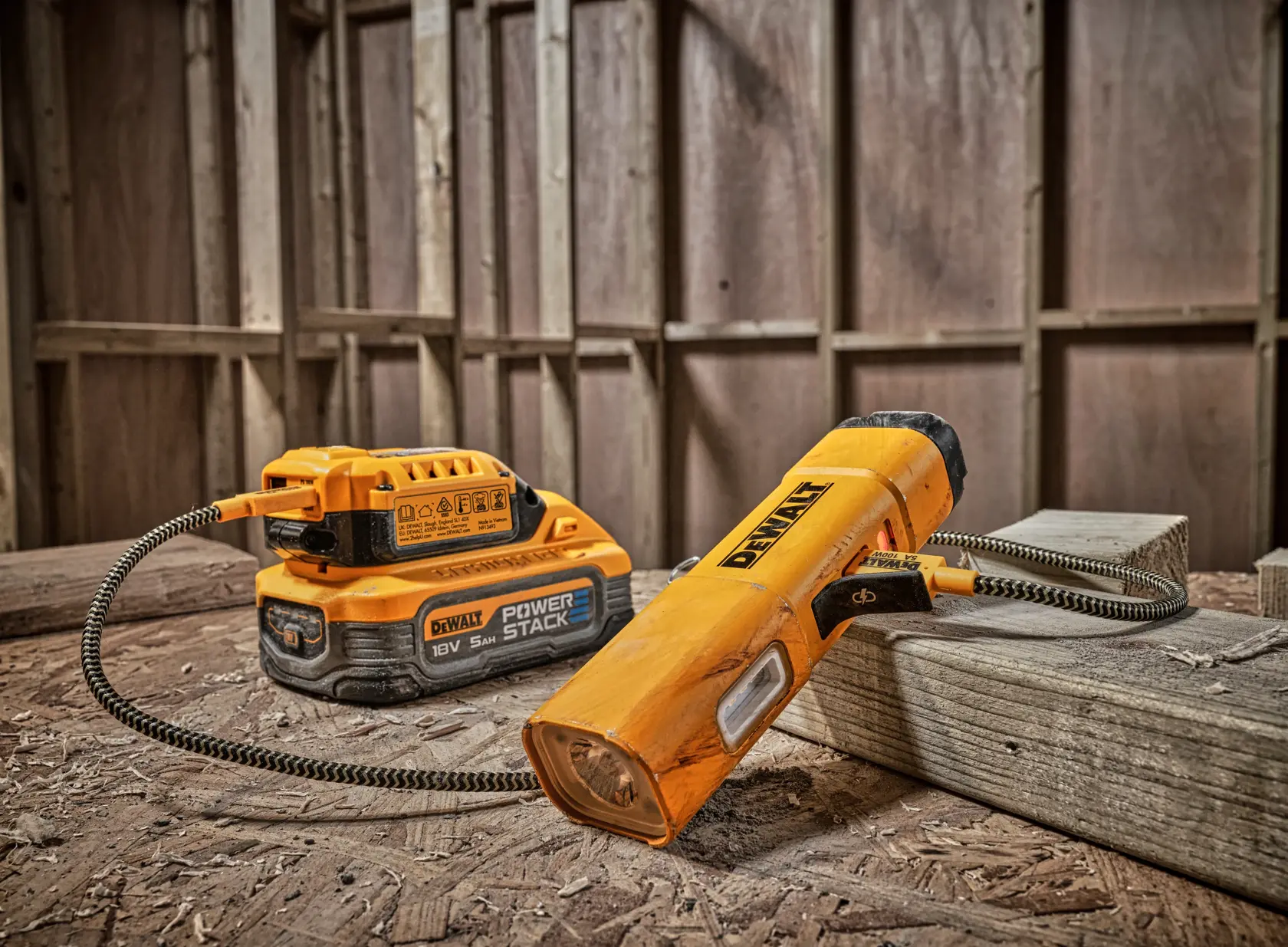 Luz de trabajo LED portátil DEWALT DCL183 con cable flexible, conectada a una batería DEWALT POWERSTACK 18V, situada sobre una superficie de madera en un entorno de construcción.