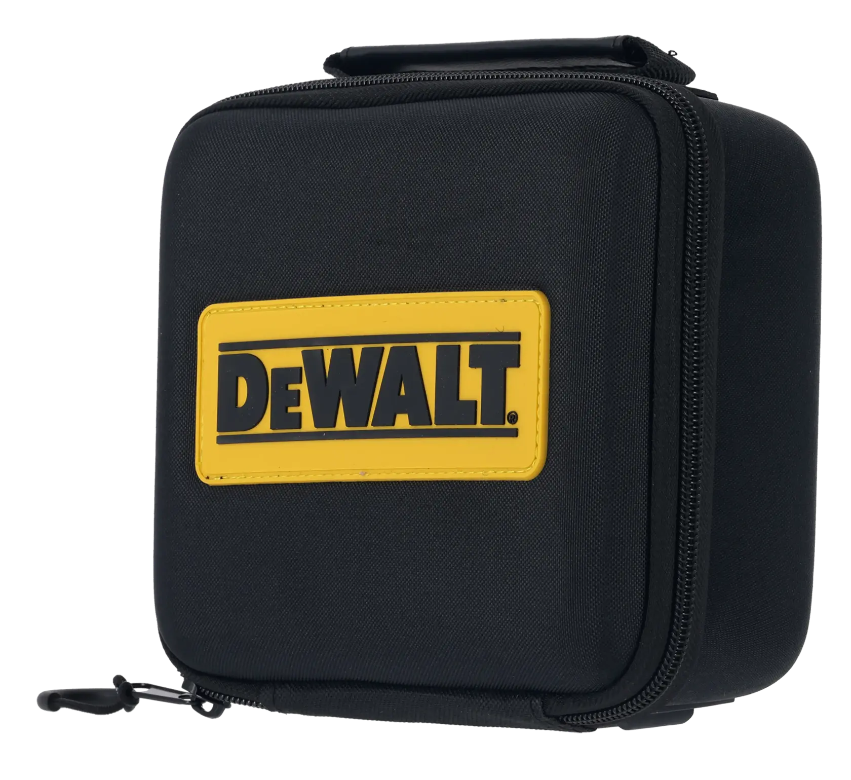 Estuche negro DEWALT con cremallera y logo amarillo para almacenar y proteger equipos fotográficos.