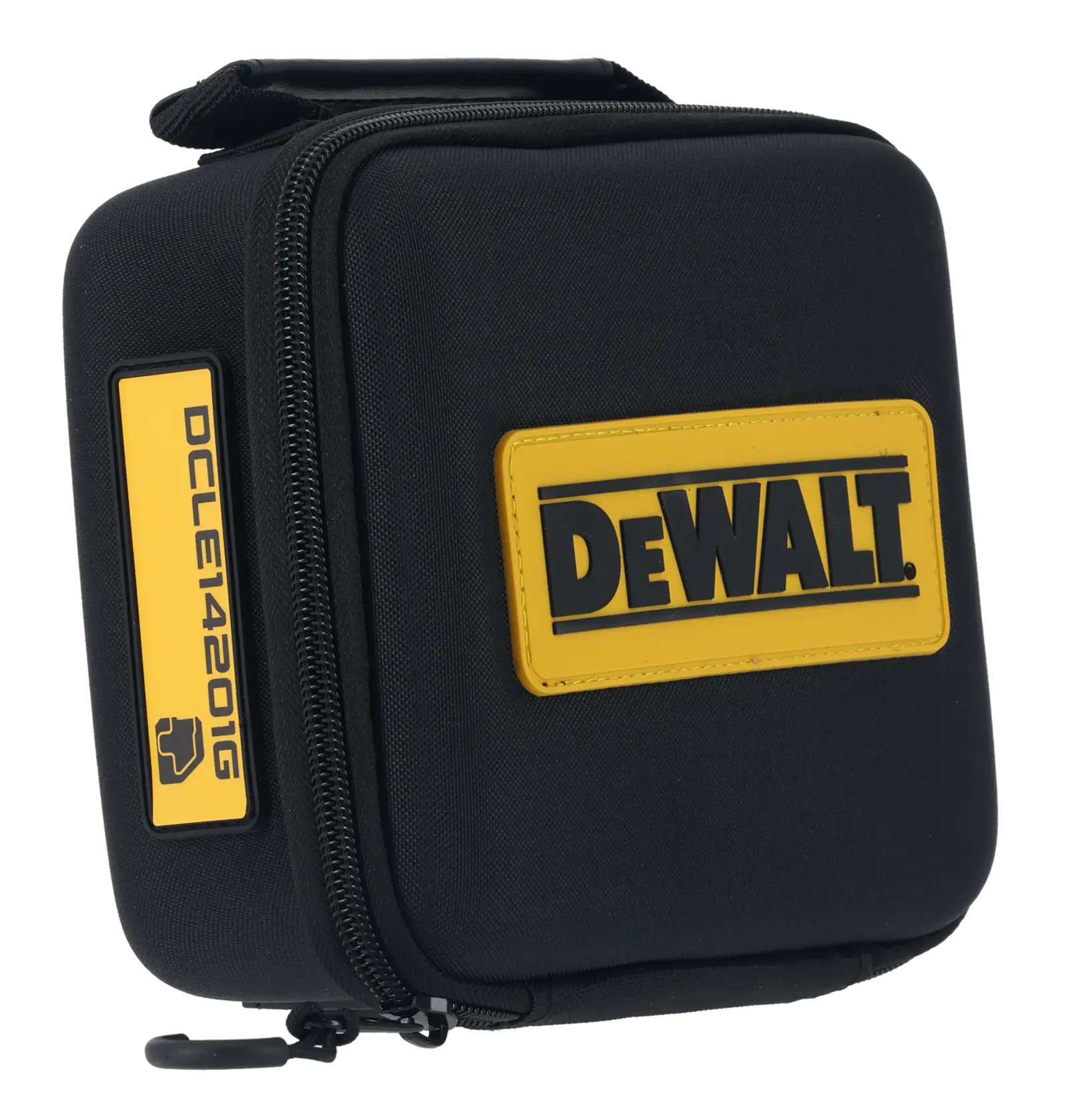Estuche negro DEWALT con cremallera, logotipo amarillo y etiqueta modelo DCLE14201GB.