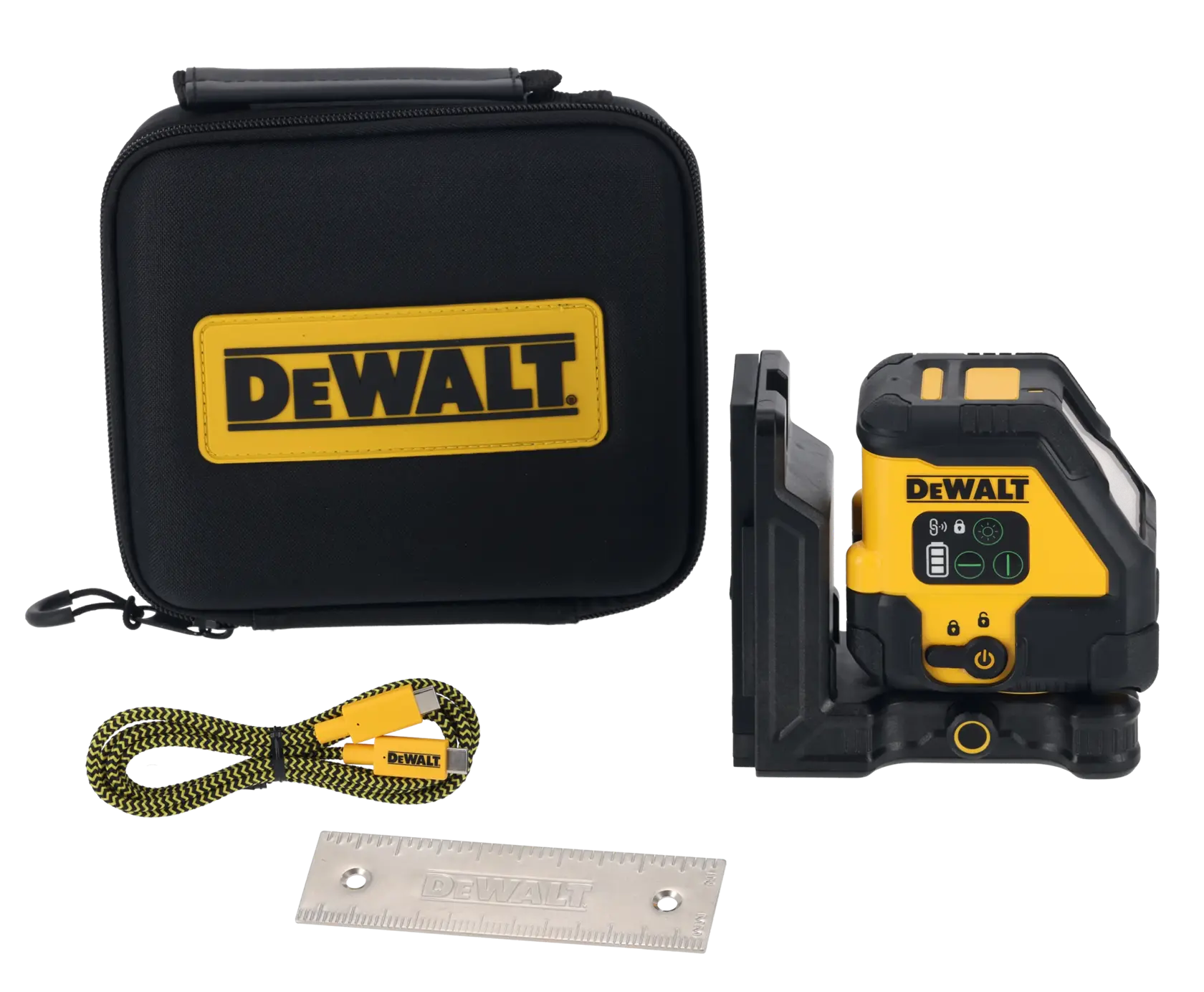 Kit de nivel láser DEWALT con estuche, cable, regla y dispositivo amarillo-negro para alineación precisa.