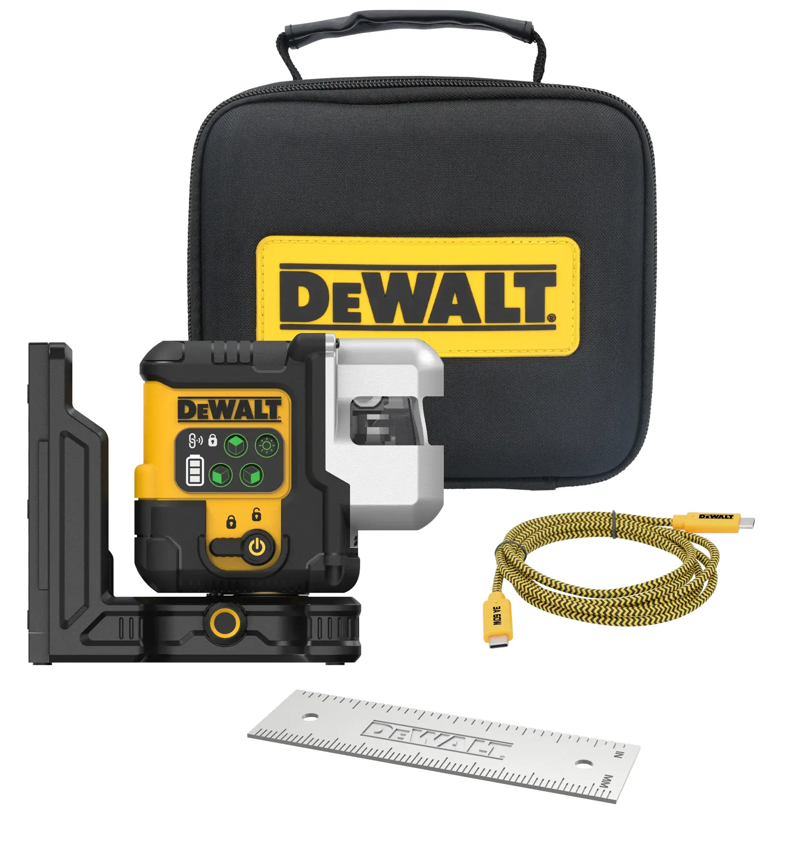 Kit de nível a laser DEWALT com estojo de transporte preto, dispositivo de nível a laser amarelo e preto, cabo USB amarelo e uma régua de metal, todos exibidos juntos.