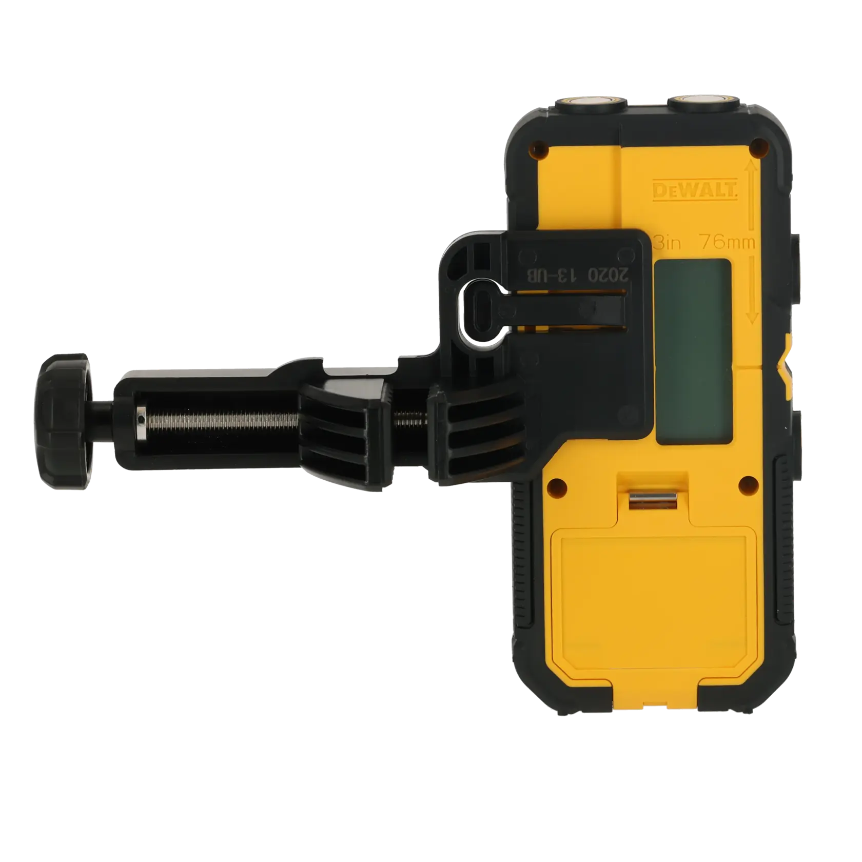 Produto fotográfico DEWALT, DCLE15211R e DCLE15211R-QW, dispositivo amarelo-preto com grampo.