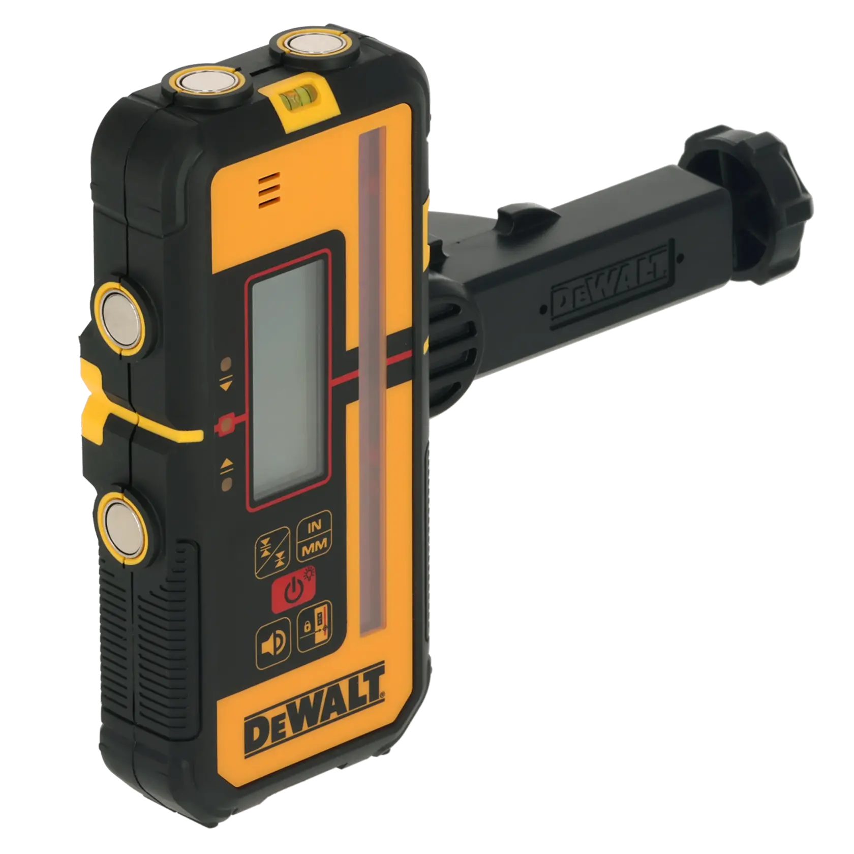 Ferramenta de fotografia DEWALT DCLE15211R, DCLE15211R-QW com display e suporte, design amarelo e preto.
