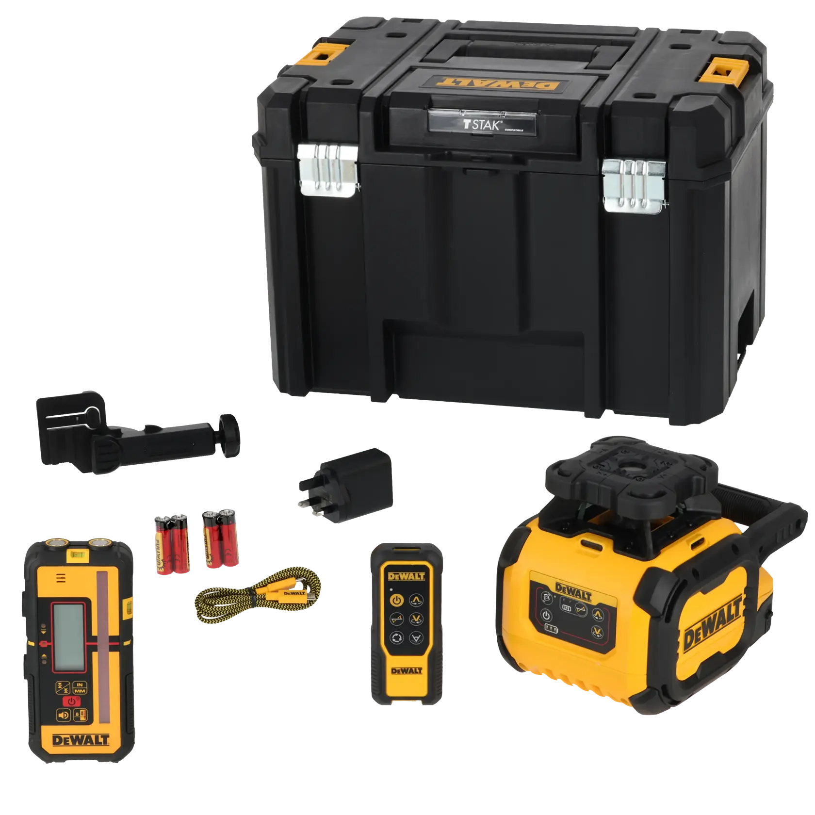 Kit de fotografia DEWALT com estojo, dispositivos e acessórios. SKUs: DCLE15211R, DCLE15211R-QW.