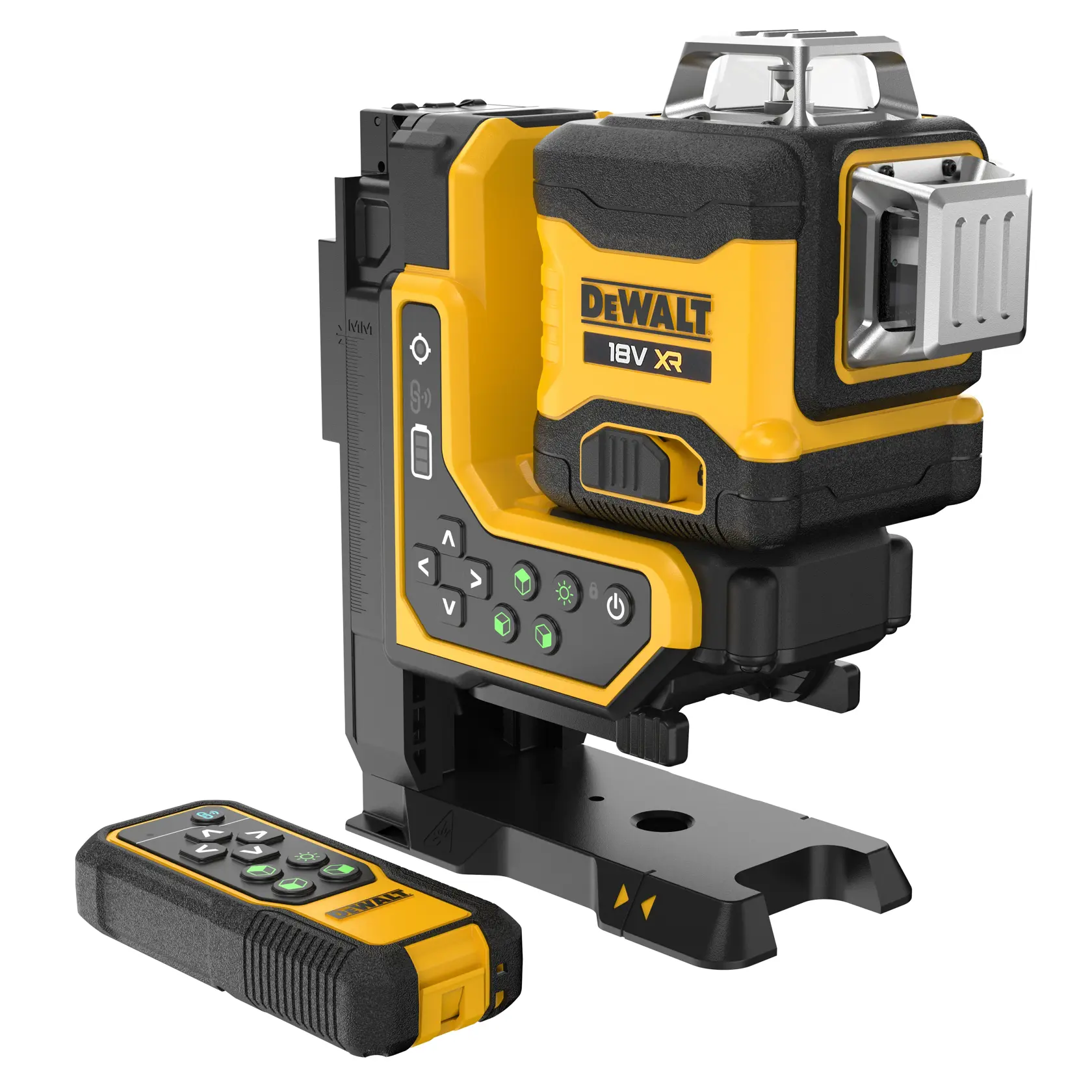 Nivel láser DEWALT 18V XR con panel de control y mando para tareas de alineación precisa.