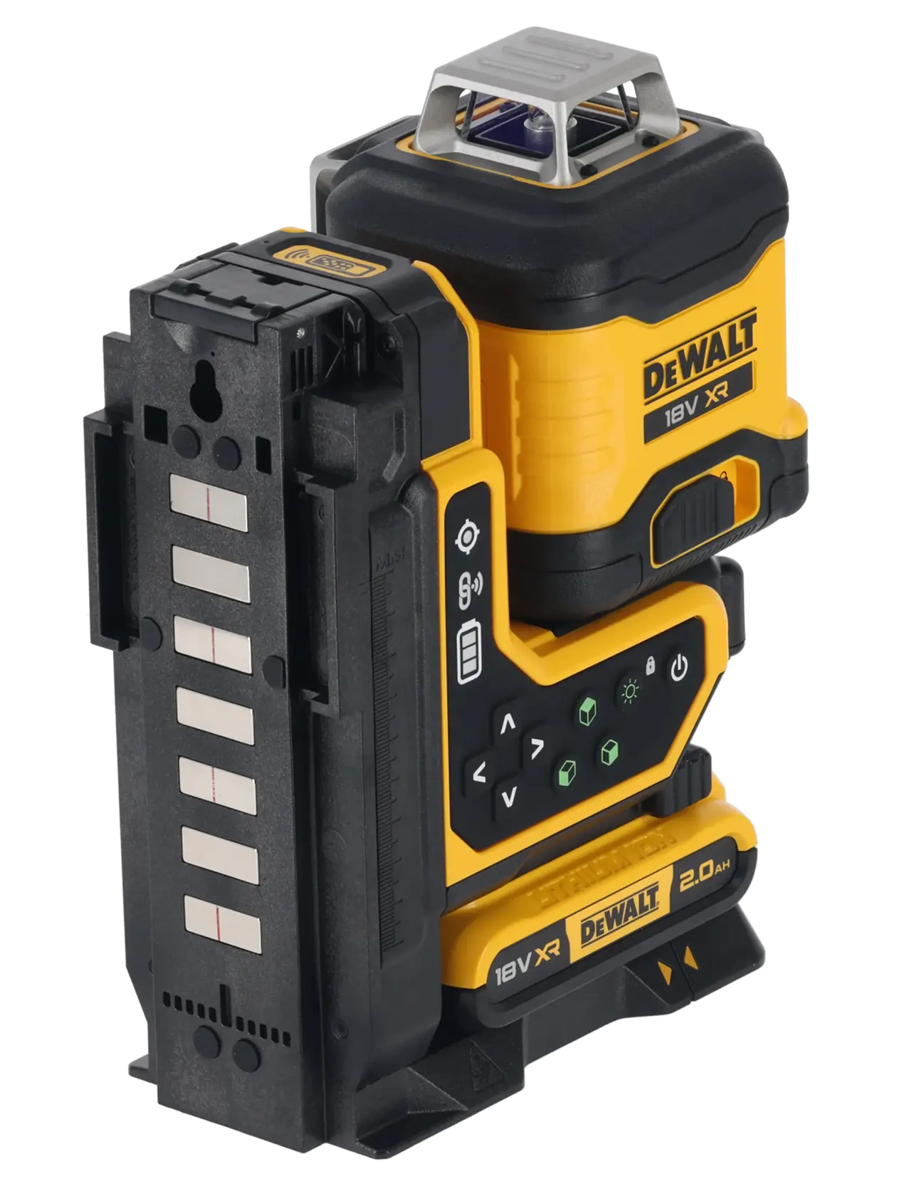 Nivel láser DEWALT 18V XR con botones de control y batería, adecuado para tareas de medición precisa.