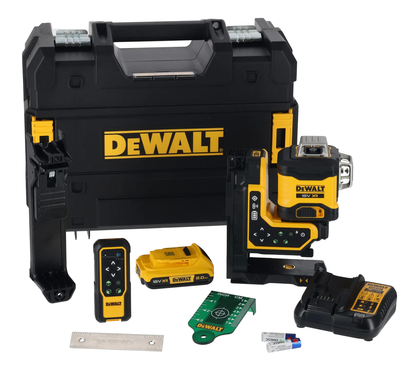 Un kit de nivel láser DEWALT que incluye un maletín rígido negro y amarillo, dispositivo de nivel láser, batería, control remoto, cargador, regla, tarjeta objetivo y dos baterías pequeñas.