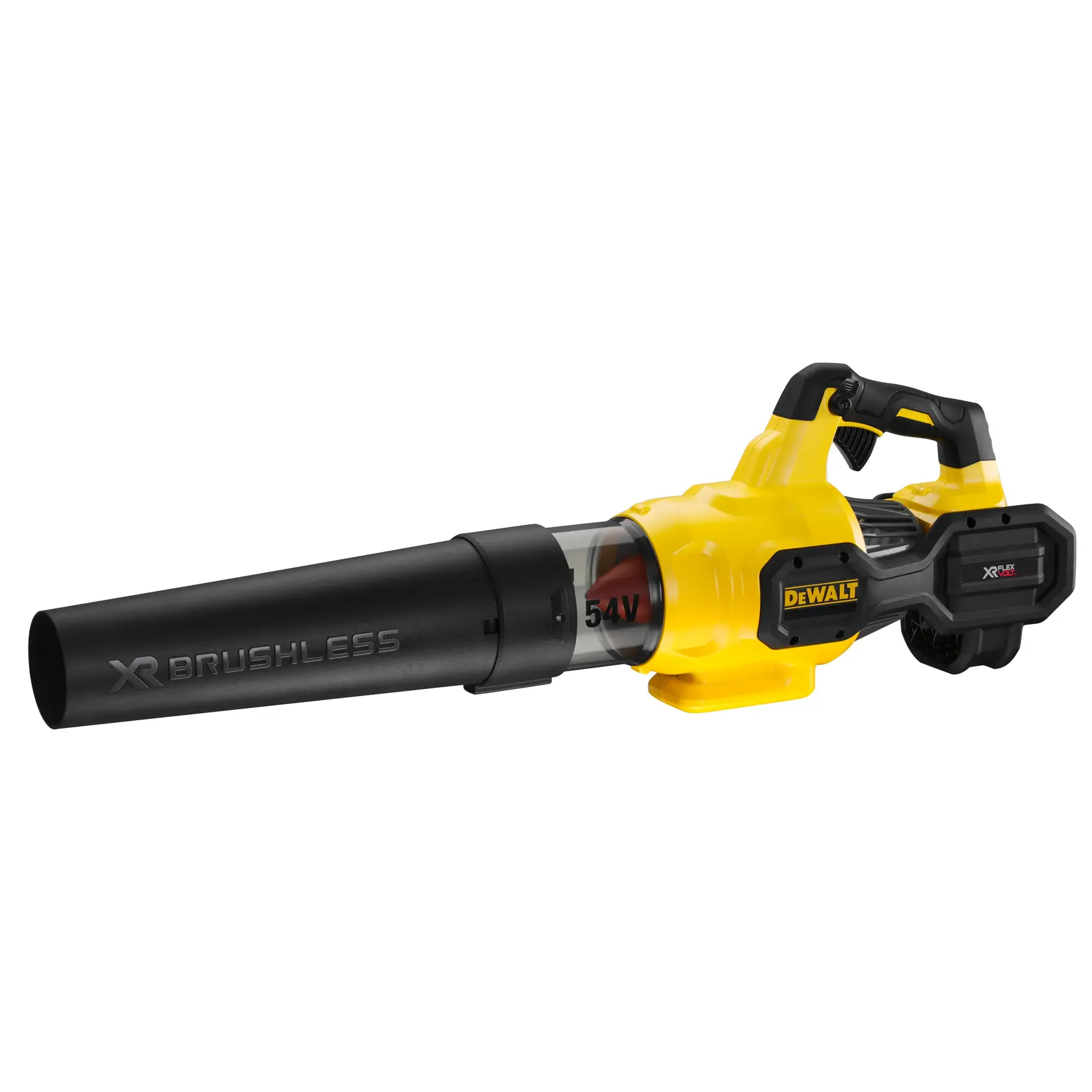 Um soprador de folhas sem fio amarelo e preto com as marcas 'XR Brushless' e 'DEWALT' visíveis na lateral.