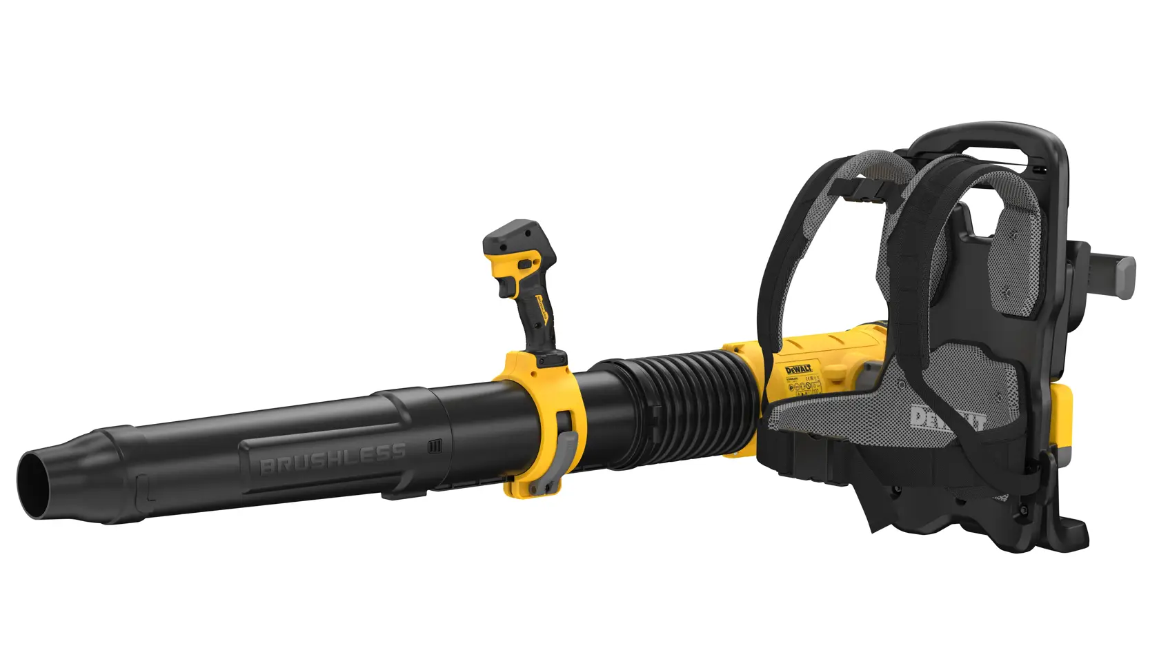 Um soprador de mochila brushless sem fio DEWALT, com esquema de cores preto e amarelo, possui alças para os ombros e um bico longo para tarefas de limpeza externas.