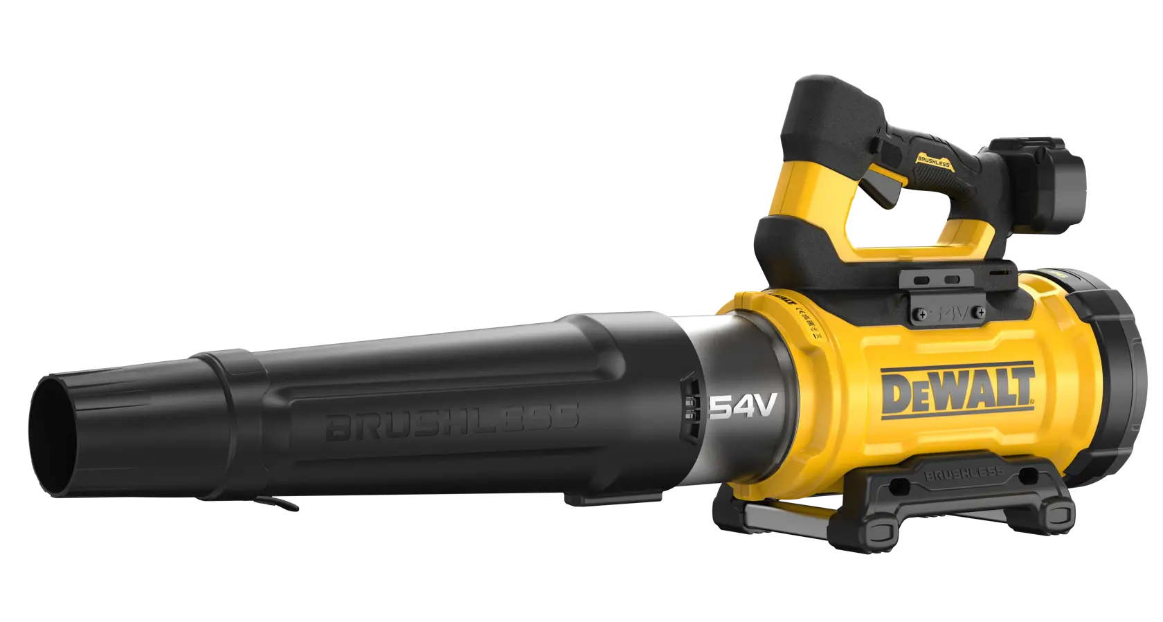 Soprador de folhas sem fio DEWALT 54V com motor sem escovas, exibido nas cores preto e amarelo.