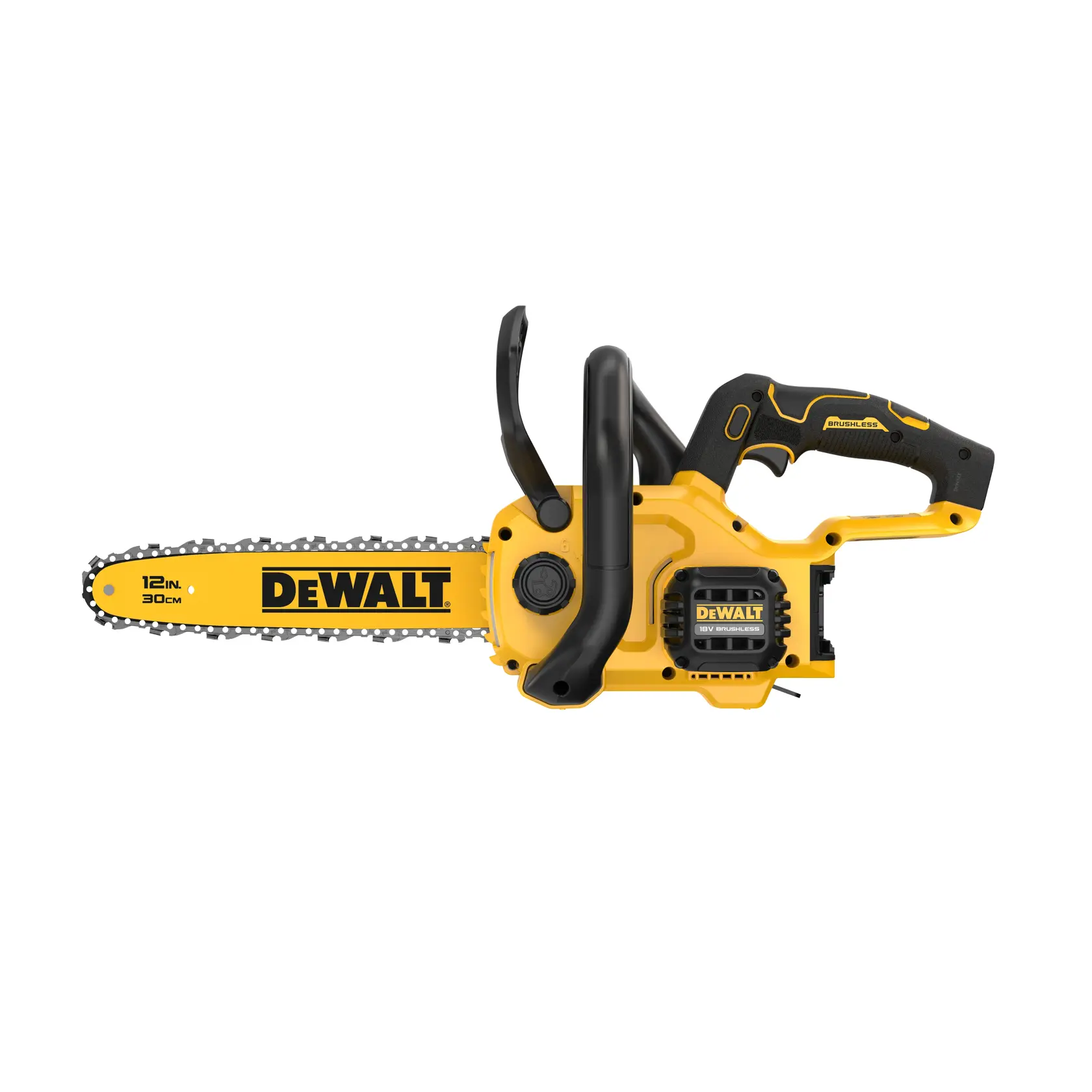 Motosierra DEWALT amarilla vista lateral. SKU: DCMCS565N, DCMCS565N-XJ. Categoría fotografía.