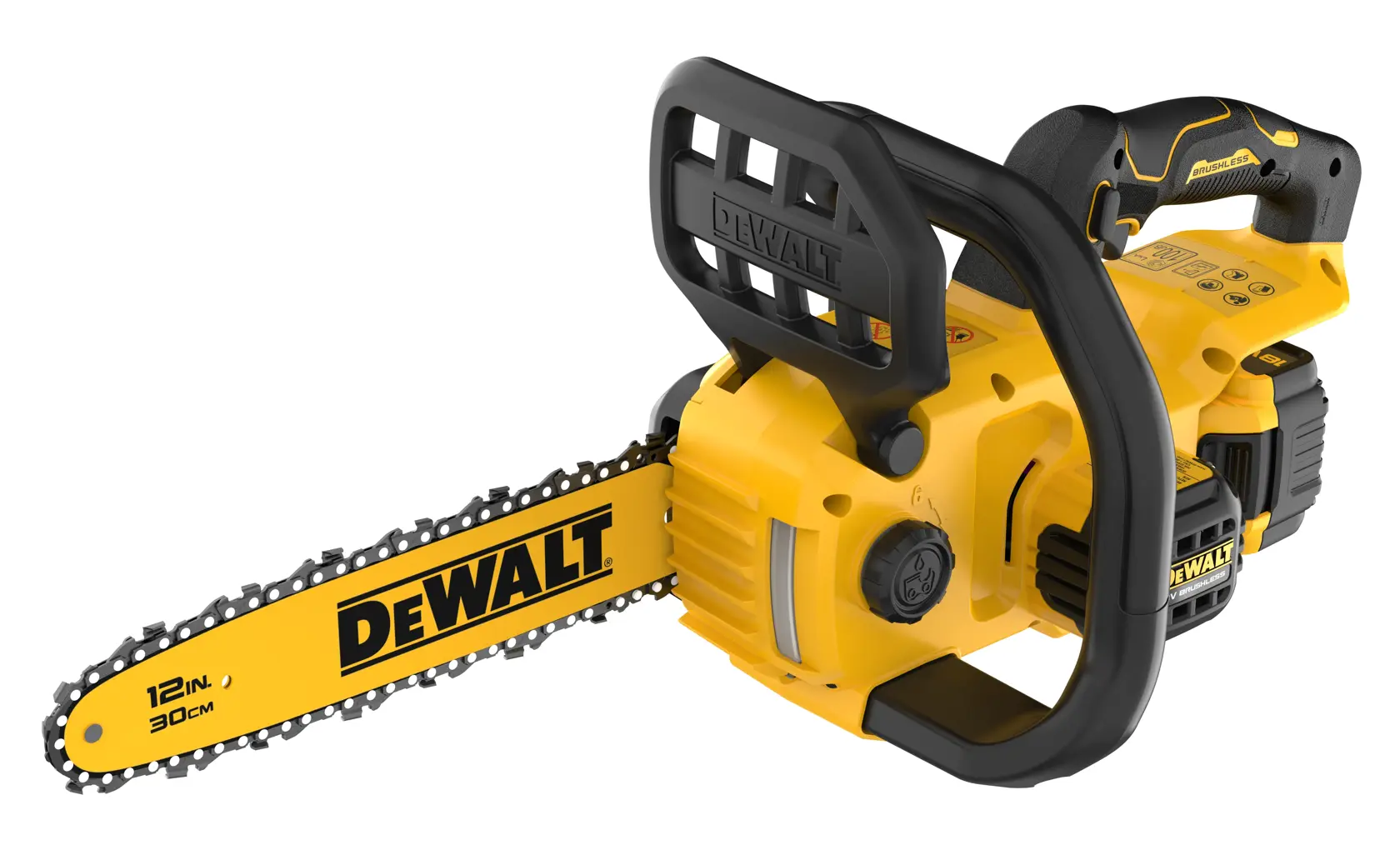 Motosierra DEWALT, 12in/30cm, DCMCS565P1-QW, DCMCS565P1, amarilla, producto de fotografía.