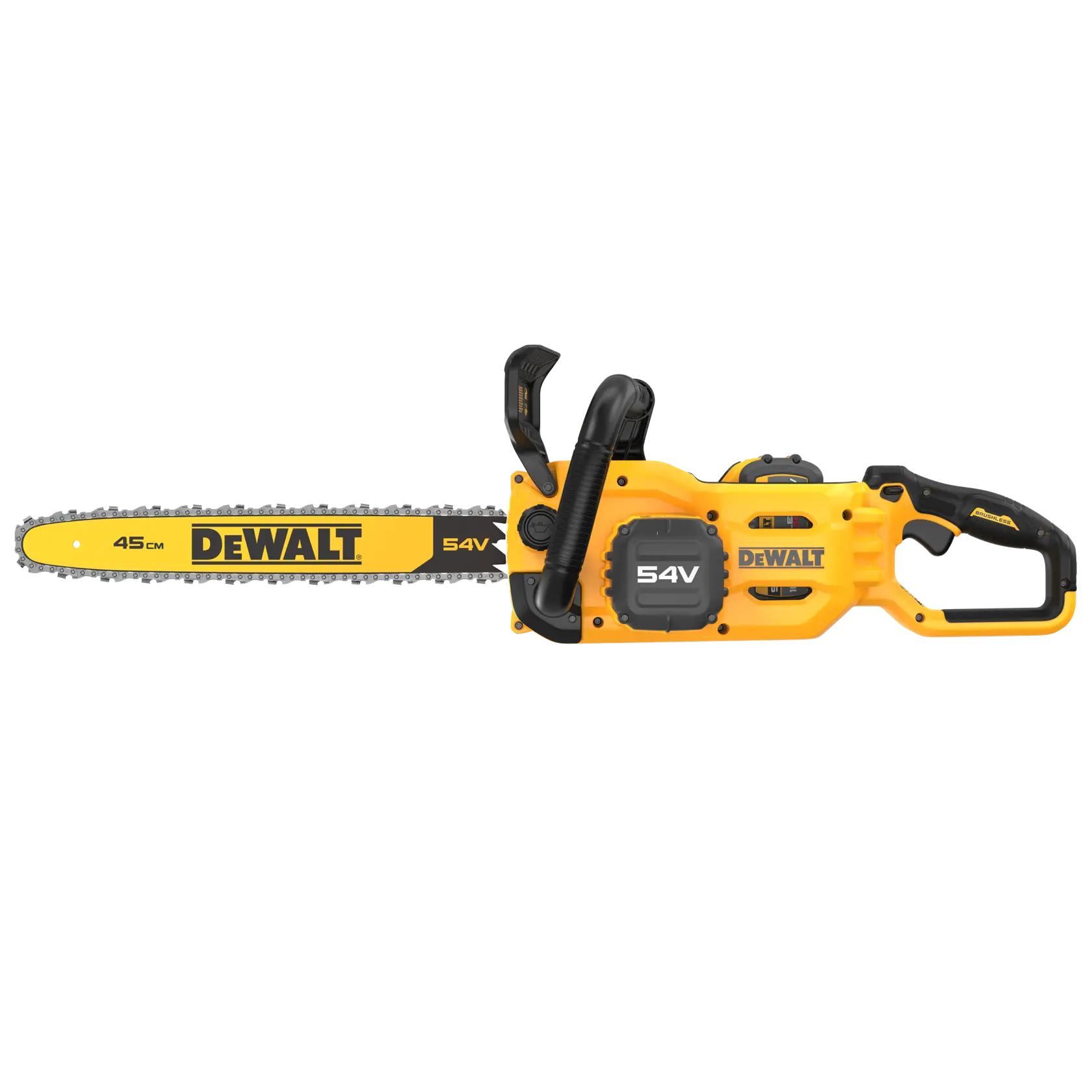 Motosserra DEWALT amarela, 54V, DCMCS574X1, DCMCS574X1-QW, produto fotografia, lâmina 45cm.