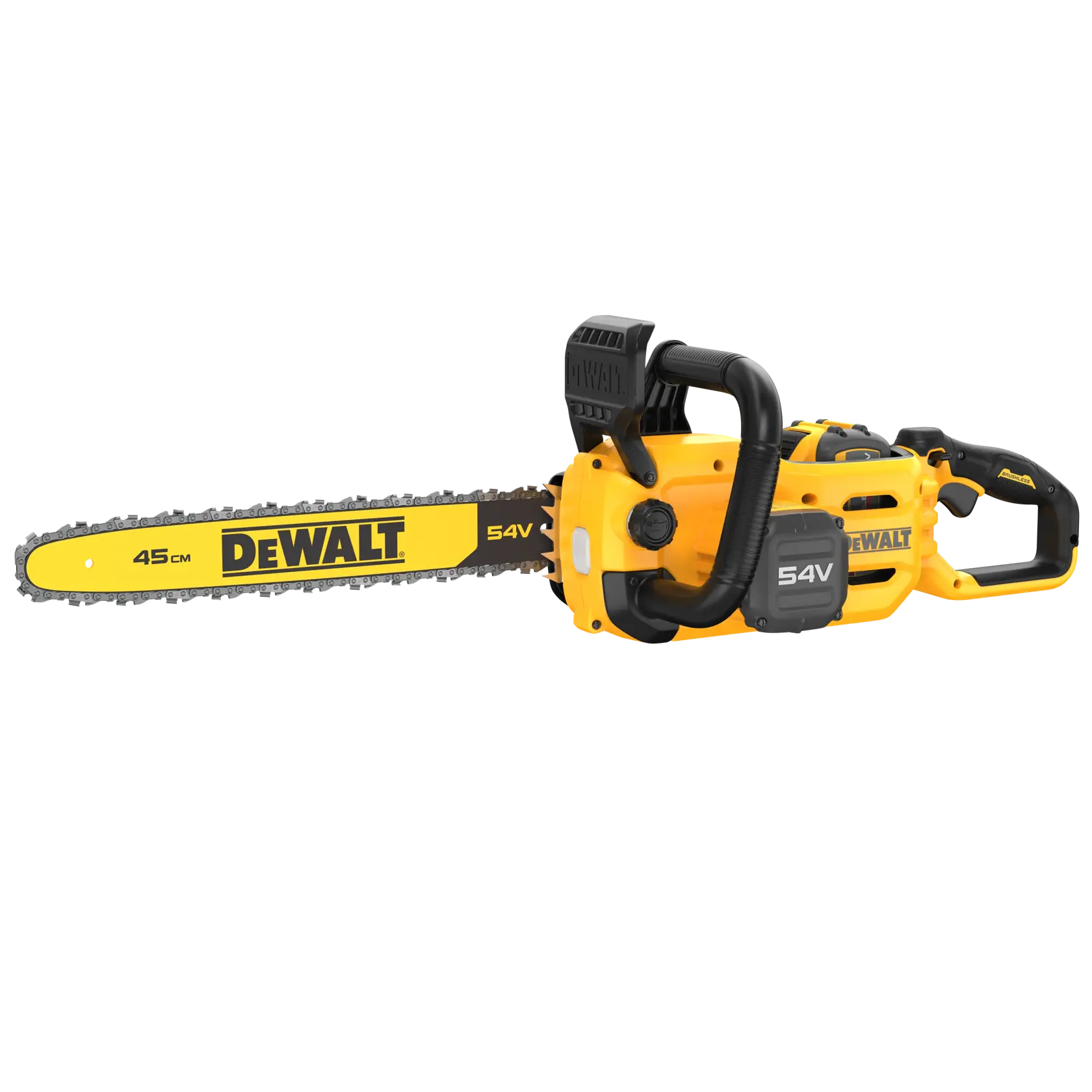 Motosserra DEWALT DCMCS574X1, DCMCS574X1-QW, 54V, lâmina 45cm, design amarelo e preto.