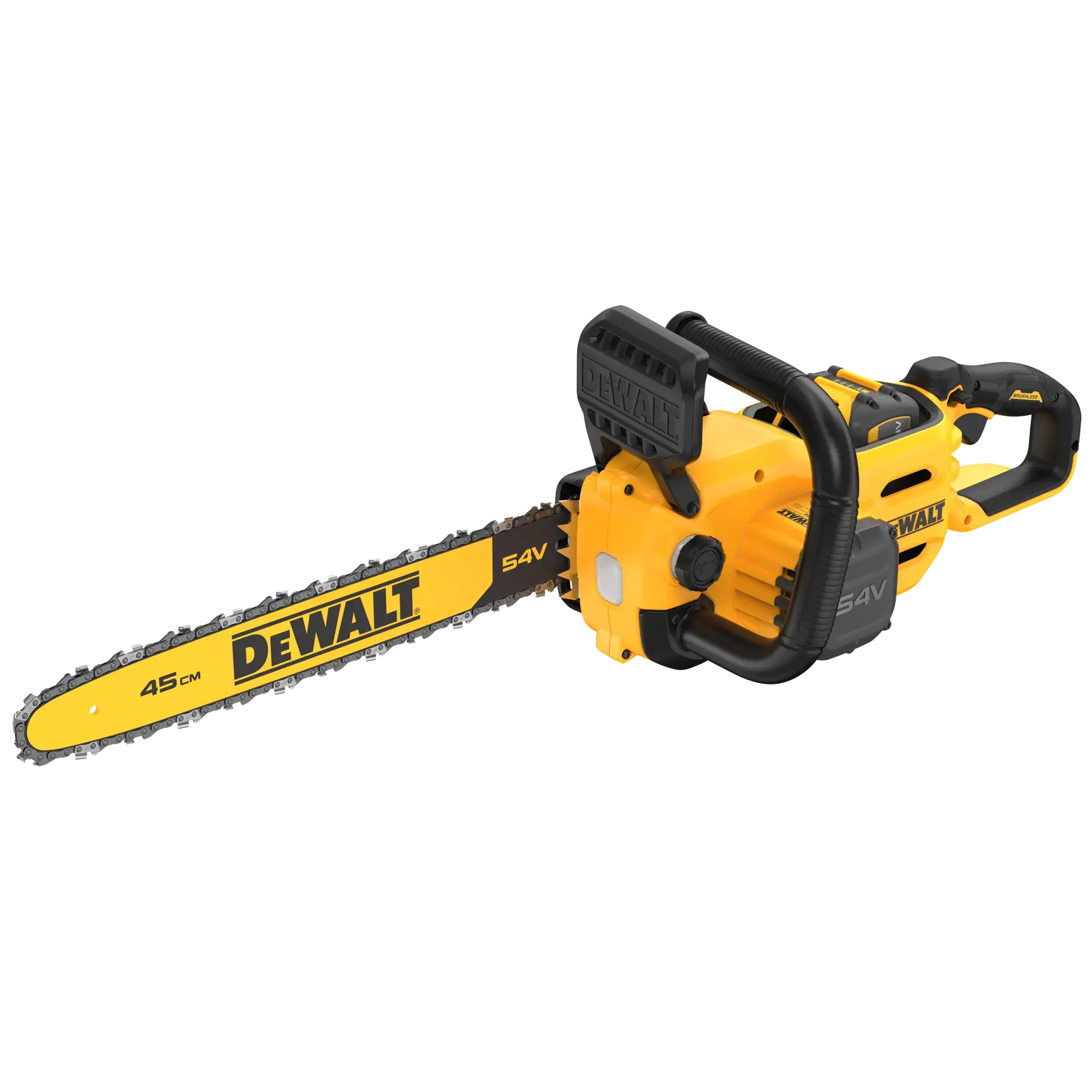 Serra elétrica DEWALT 54V, 45cm. SKUs DCMCS574X1, DCMCS574X1-QW. Design amarelo e preto.