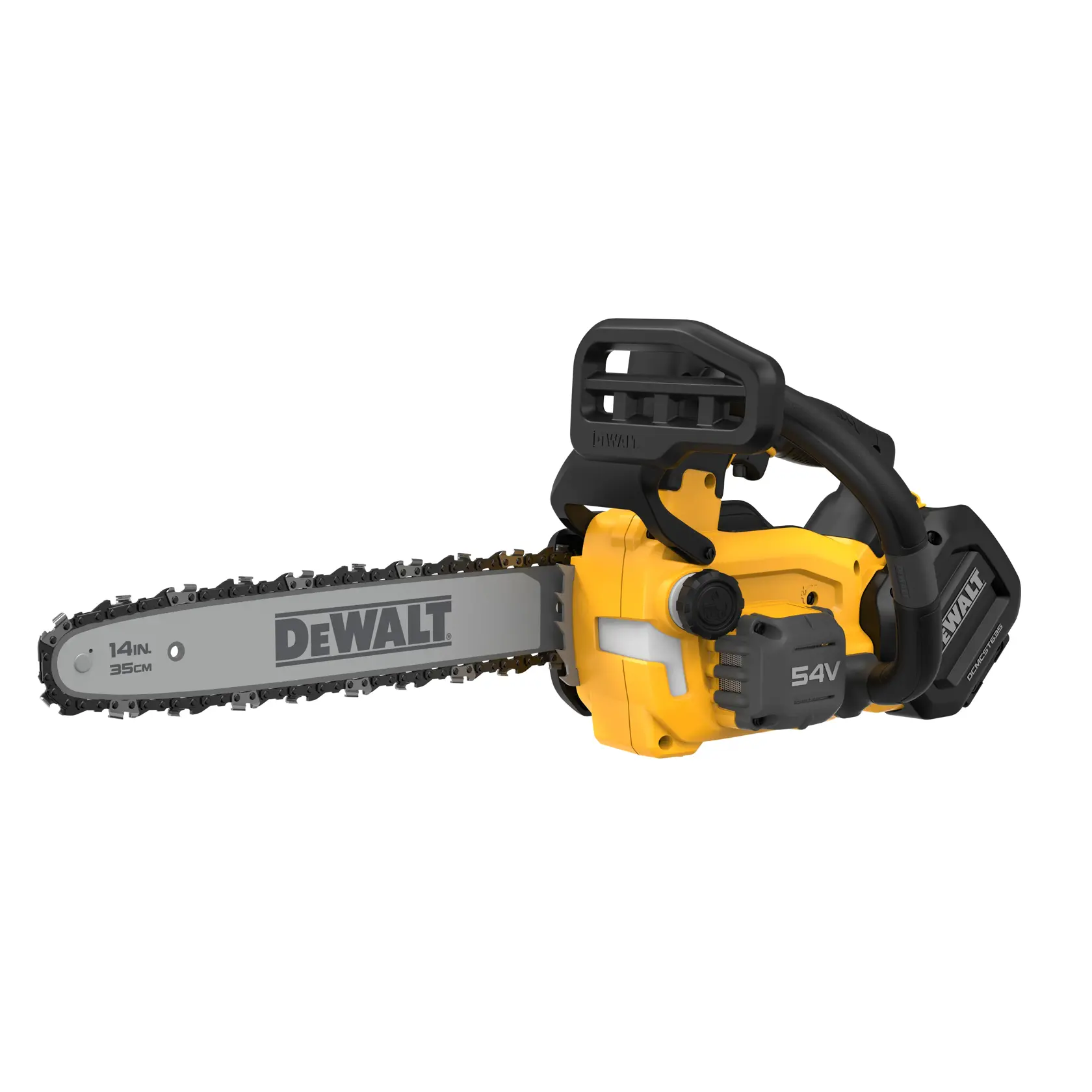 Uma motosserra sem fio DEWALT 54V amarela e preta com lâmina de 35 cm (14 polegadas), mostrada em um fundo branco.
