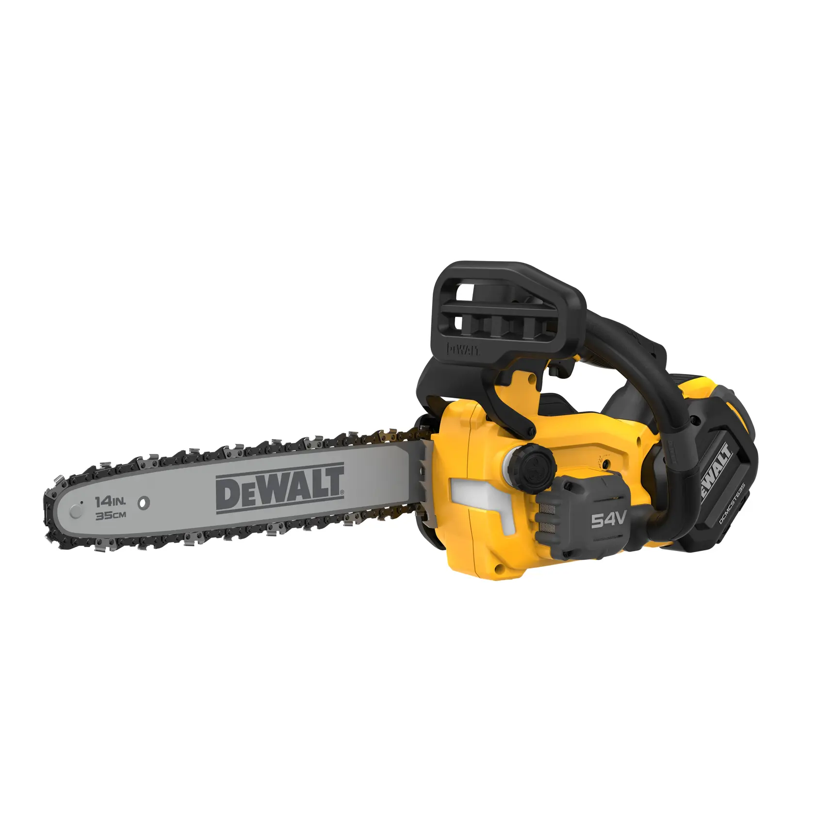 Uma motosserra sem fio DEWALT 54V com barra de 35 cm (14 polegadas), mostrada nas cores amarela e preta.