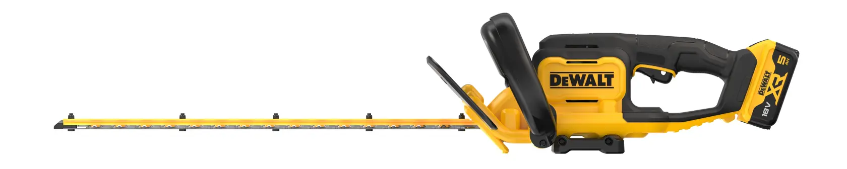 Cortador de cerca sem fio amarelo e preto com lâmina longa e cabo ergonômico.