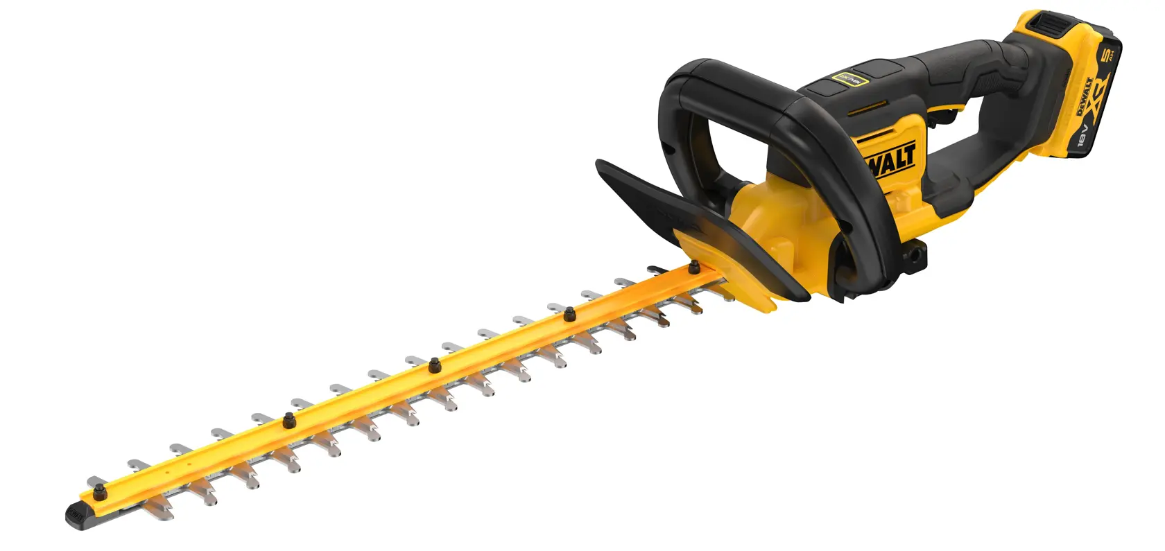Aparador de cerca-viva DEWALT sem fio amarelo e preto, lâmina longa e pegada ergonômica.