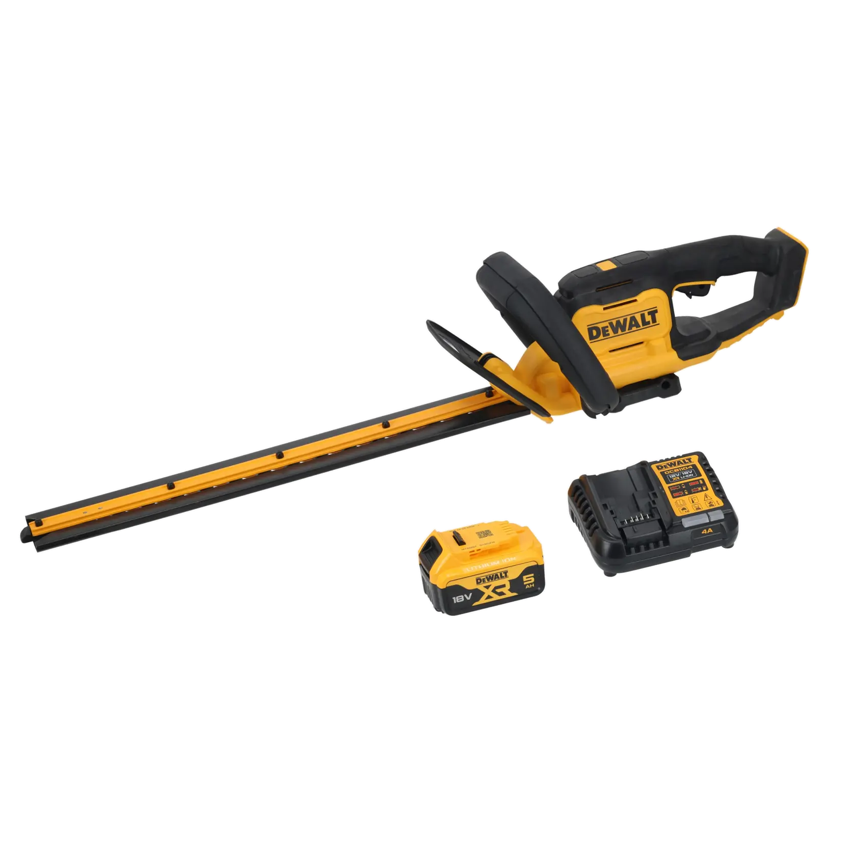 Kit aparador de cerca-viva DEWALT sem fio com protetor de lâmina, bateria e carregador em fundo branco.
