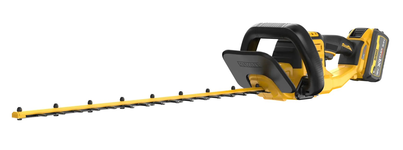 Aparador de cerca viva sem fio DEWALT com lâmina longa amarela e preta e cabo ergonômico em fundo branco.