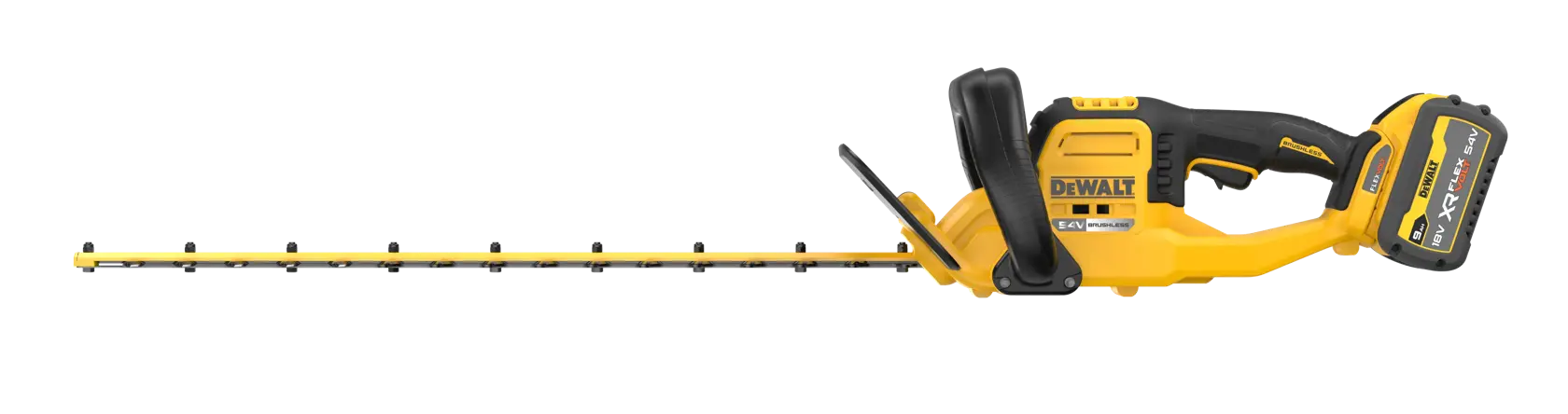 Aparador de cerca vivo DEWALT amarelo e preto sem fio, bateria, lâmina longa e alça ergonômica, vista lateral.