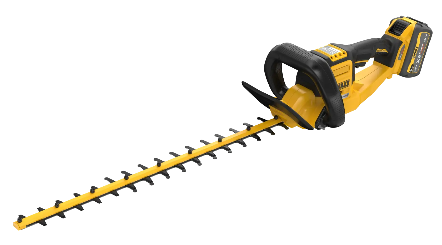 Aparador de cerca viva DEWALT amarelo sem fio com cabo preto e lâmina longa em fundo branco.