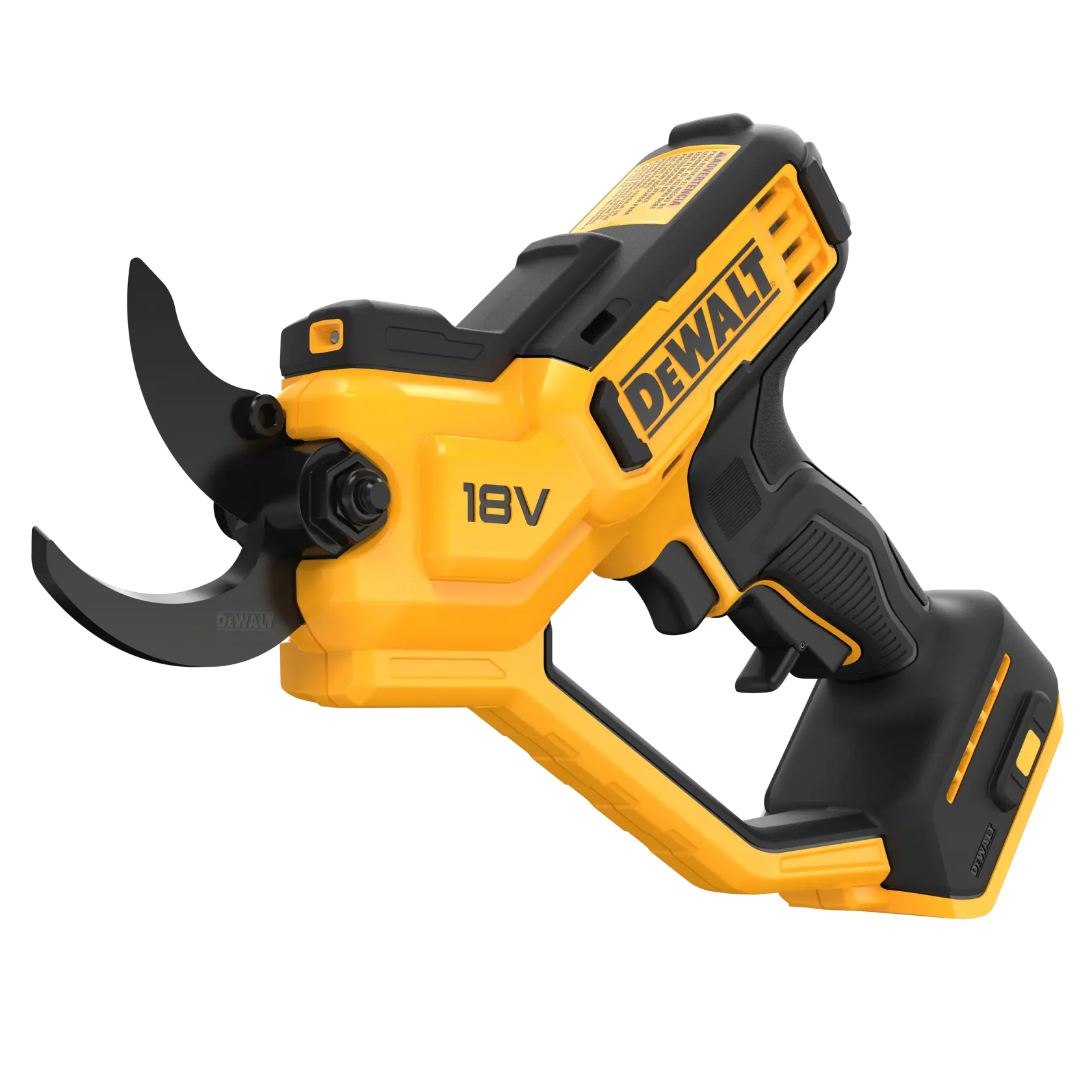 Tesoura de poda elétrica sem fio DEWALT 18V com design amarelo e preto. A ferramenta possui lâminas curvas e cabo ergonômico.