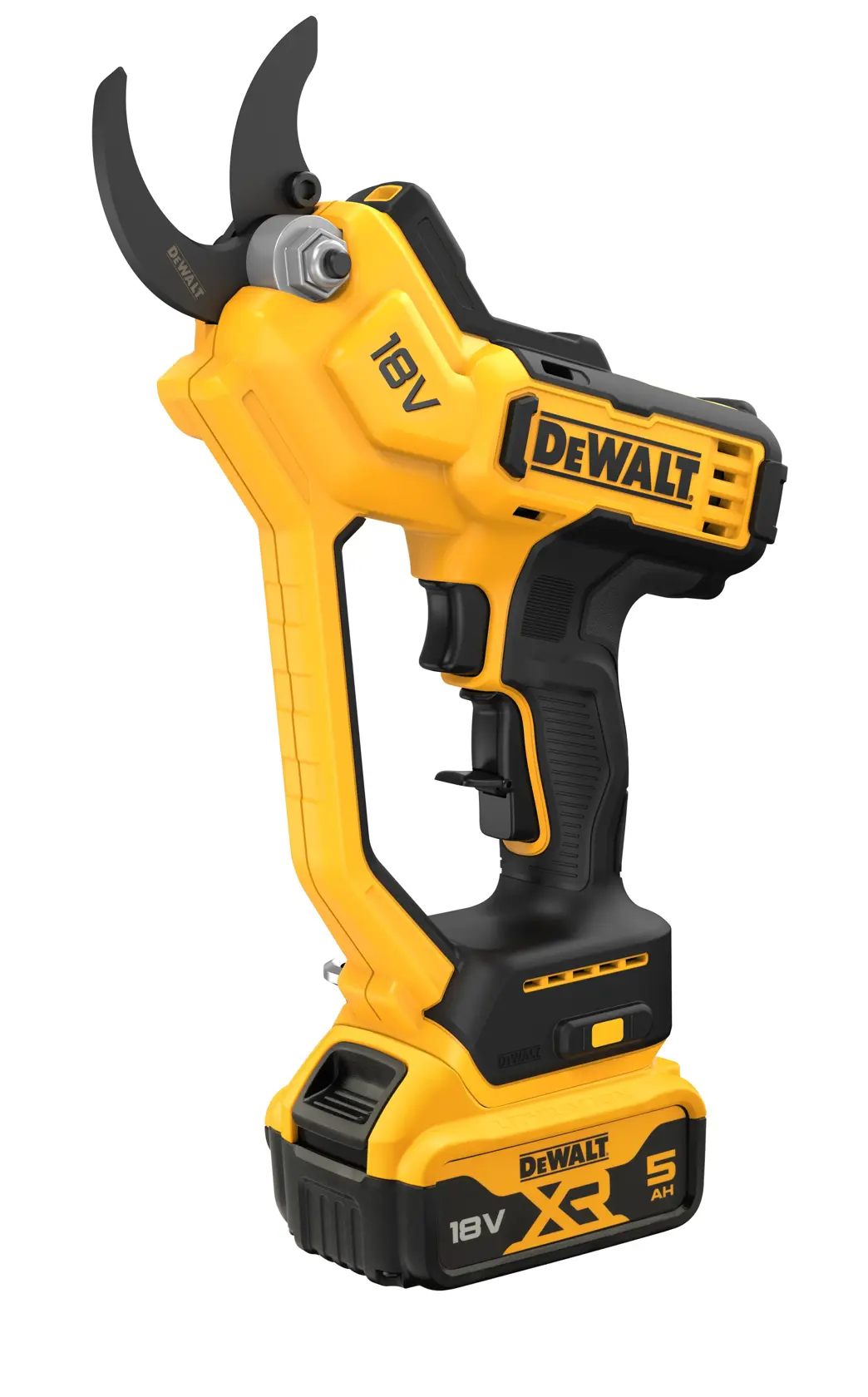 Uma tesoura de poda elétrica sem fio DEWALT 18V com design ergonômico amarelo e preto, equipada com bateria recarregável e lâmina afiada para cortar galhos.
