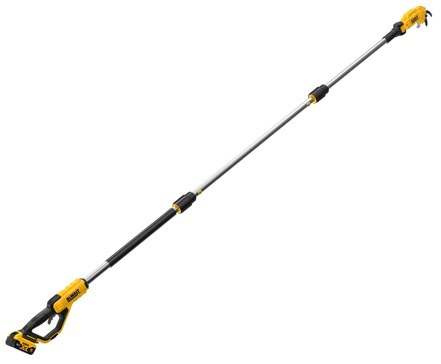 Sierra de pértiga DEWALT inalámbrica, diseño amarillo y negro, eje extendido y batería para podar.
