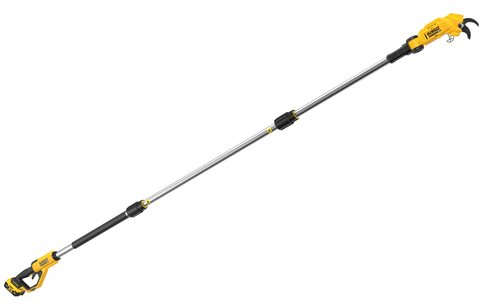 Podadora inalámbrica DEWALT amarilla y negra, telescópica, ideal para cortar ramas.