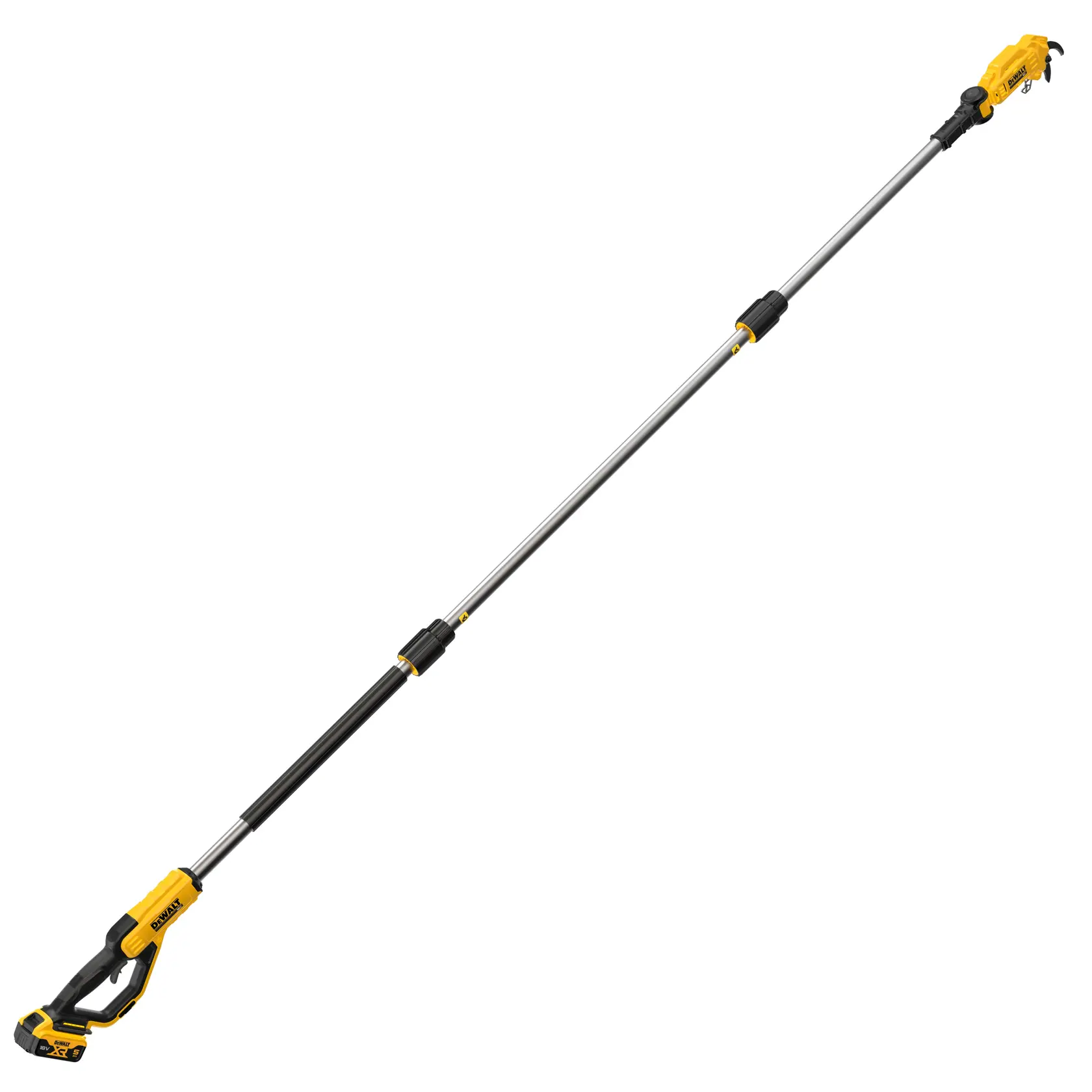 Sierra inalámbrica DEWALT para podar árboles, con eje extensible para alcanzar ramas.