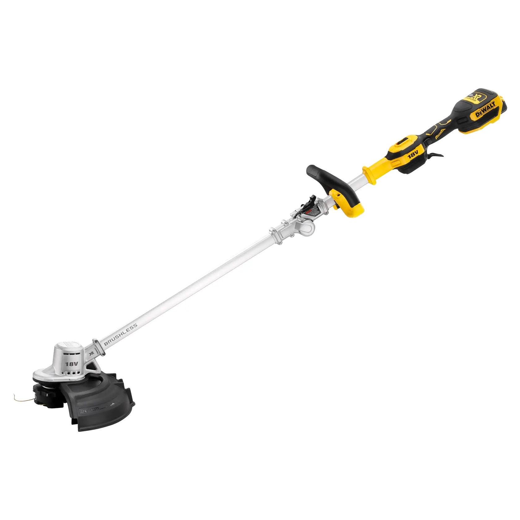 Um aparador de grama sem fio DEWALT com motor brushless e bateria de 18V, possui cabo preto e amarelo e haste prateada, projetado para manutenção de jardins e gramados.