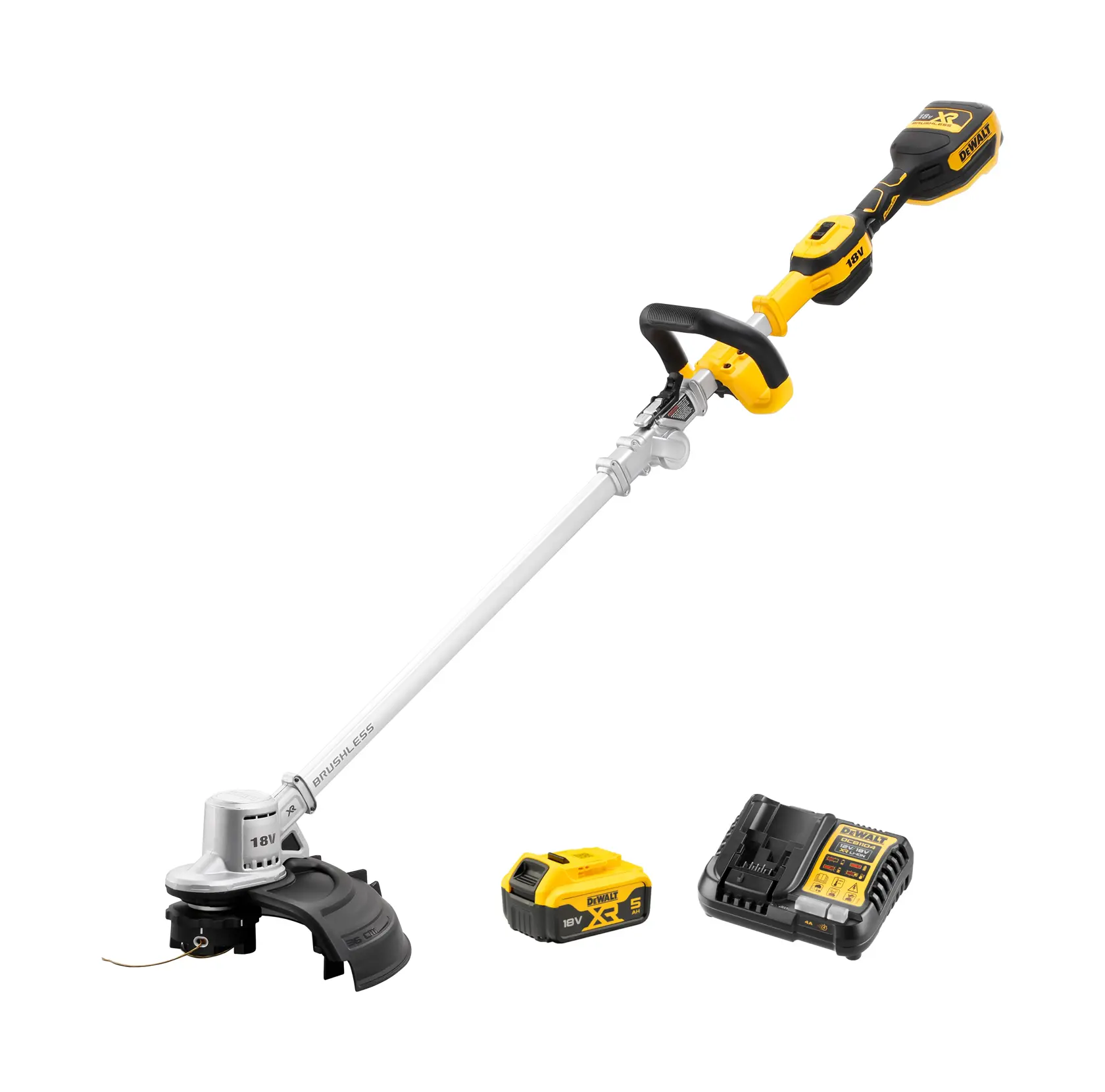 Aparador de grama sem fio DEWALT com bateria e carregador, amarelo e preto.